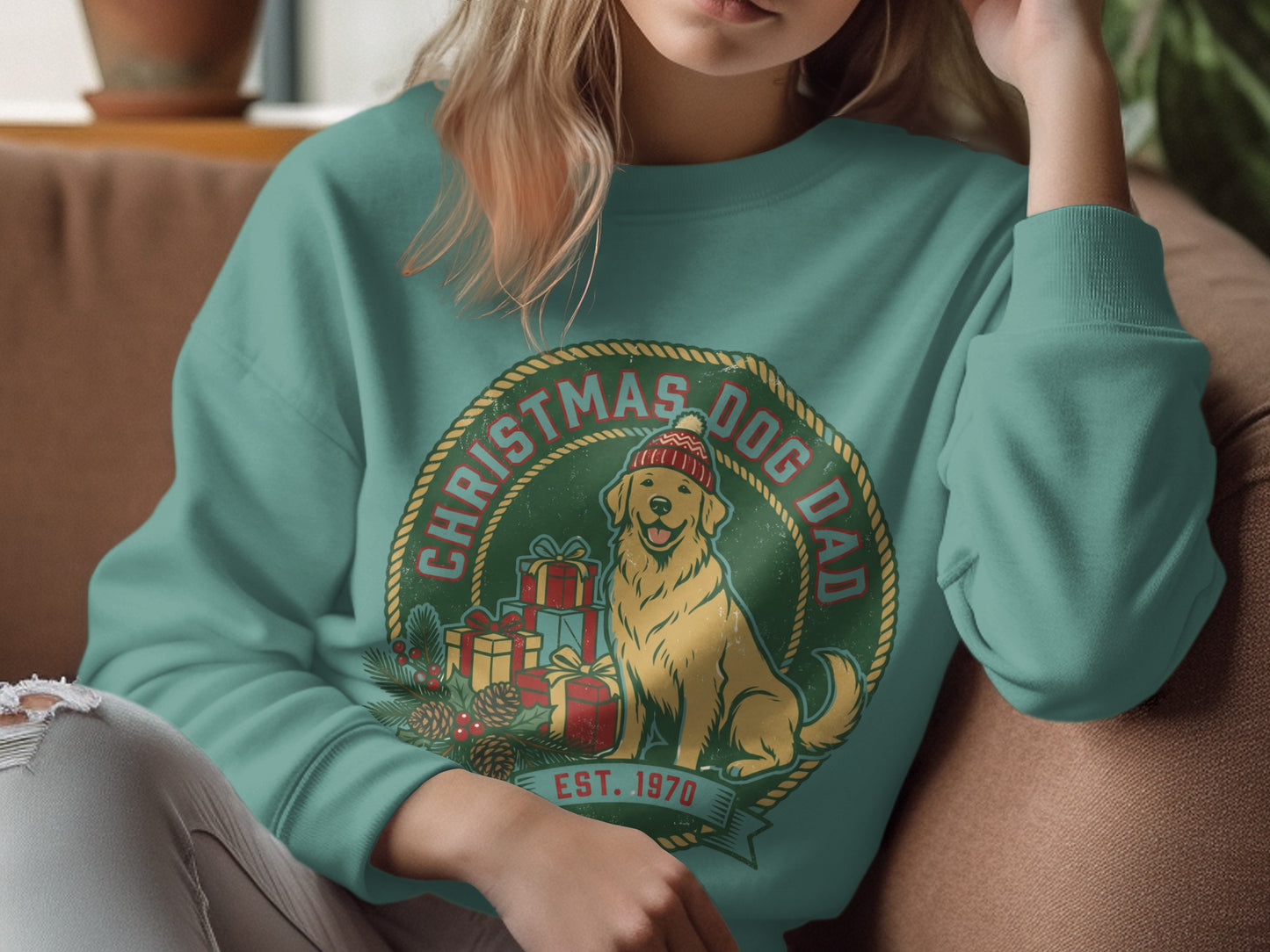 Crewneck sweatshirt with a golden retriever wearing a Santa hat and "Christmas Dog Dad" text.