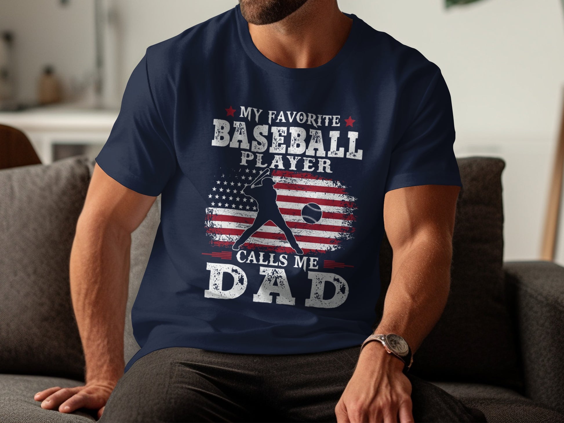 Navy t-shirt with "My Favorite Baseball Player Calls Me Dad" and American flag.