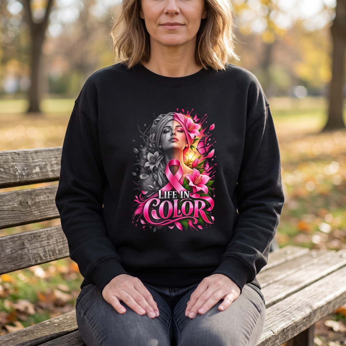 Woman wearing the Life in Color breast cancer awareness crewneck sweatshirt on a park bench