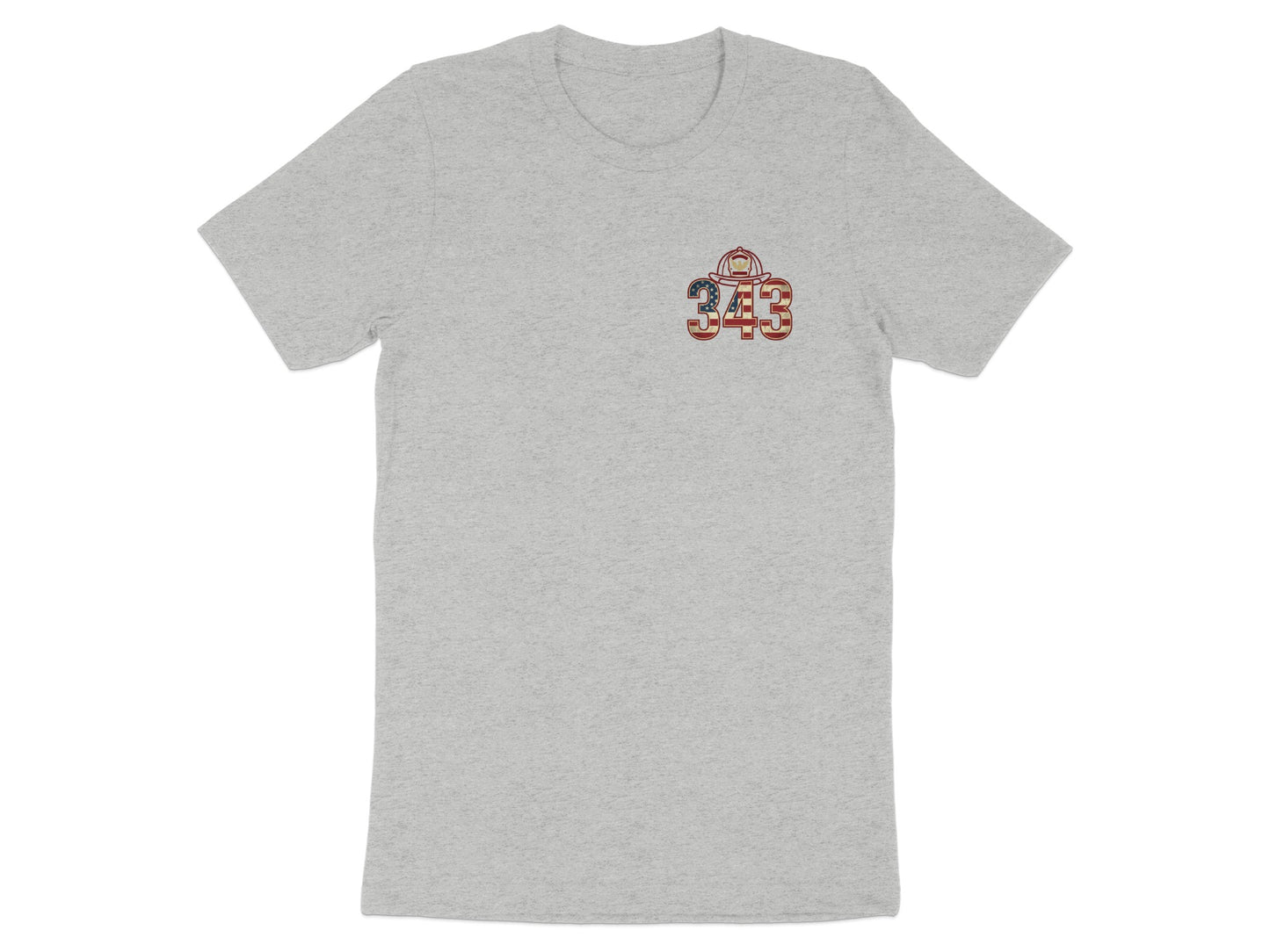 Grey t-shirt with a small chest print of a firefighter helmet and "343" in American flag colors.