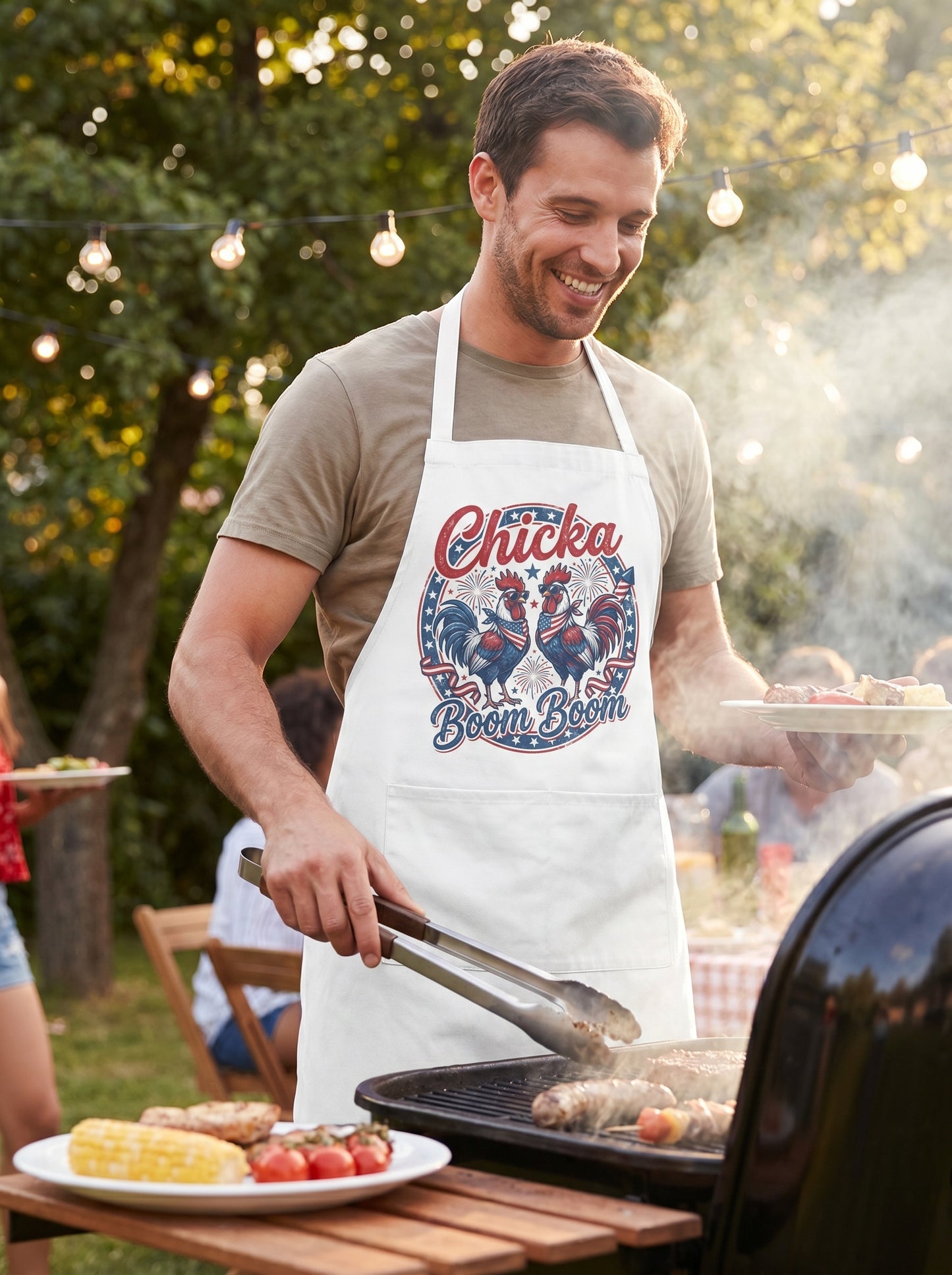 Lifestyle photo of man wearing Chicka Boom Boom Americana apron while grilling