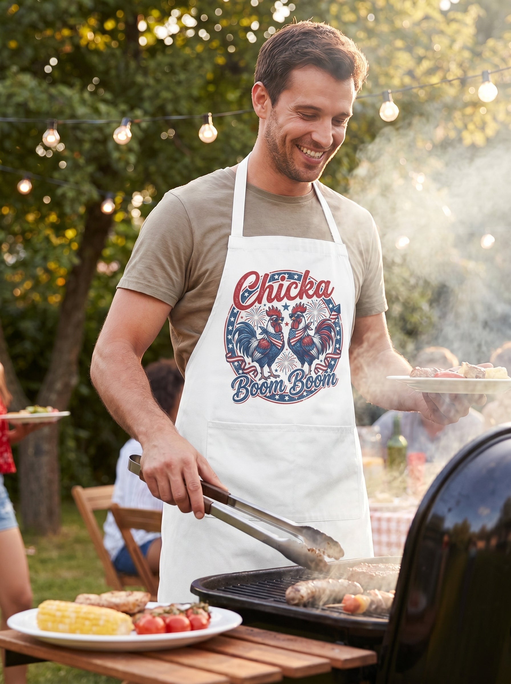 Lifestyle photo of man wearing Chicka Boom Boom Americana apron while grilling