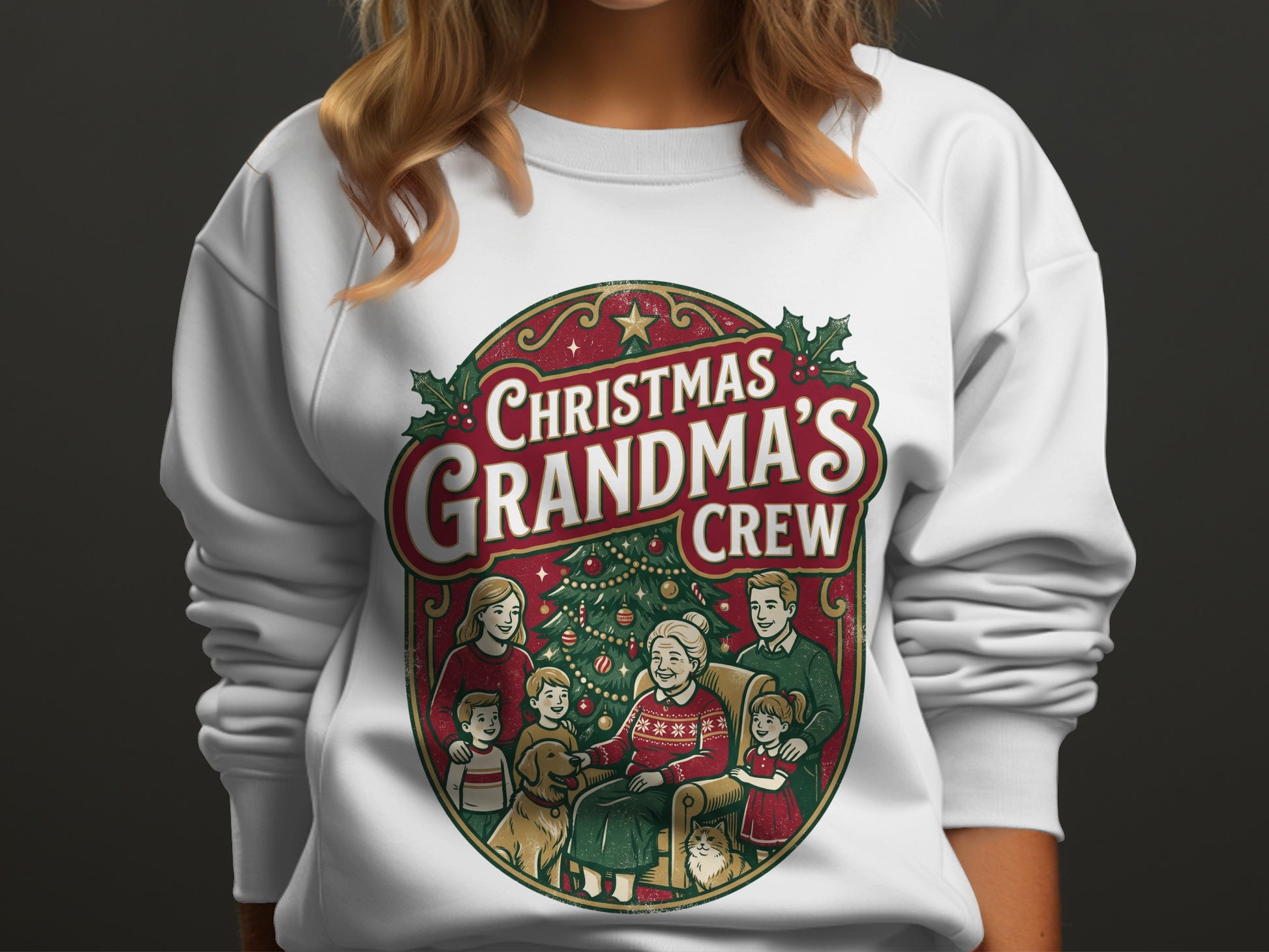 Grandma's Christmas Crew with family and pets around a decorated tree.