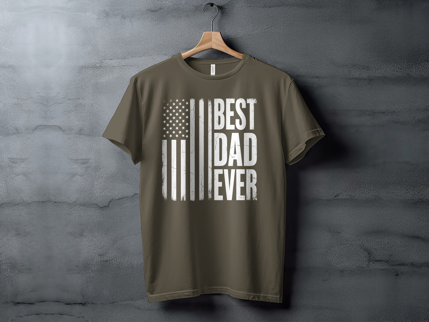 T-shirt with "BEST DAD EVER" text and distressed American flag.