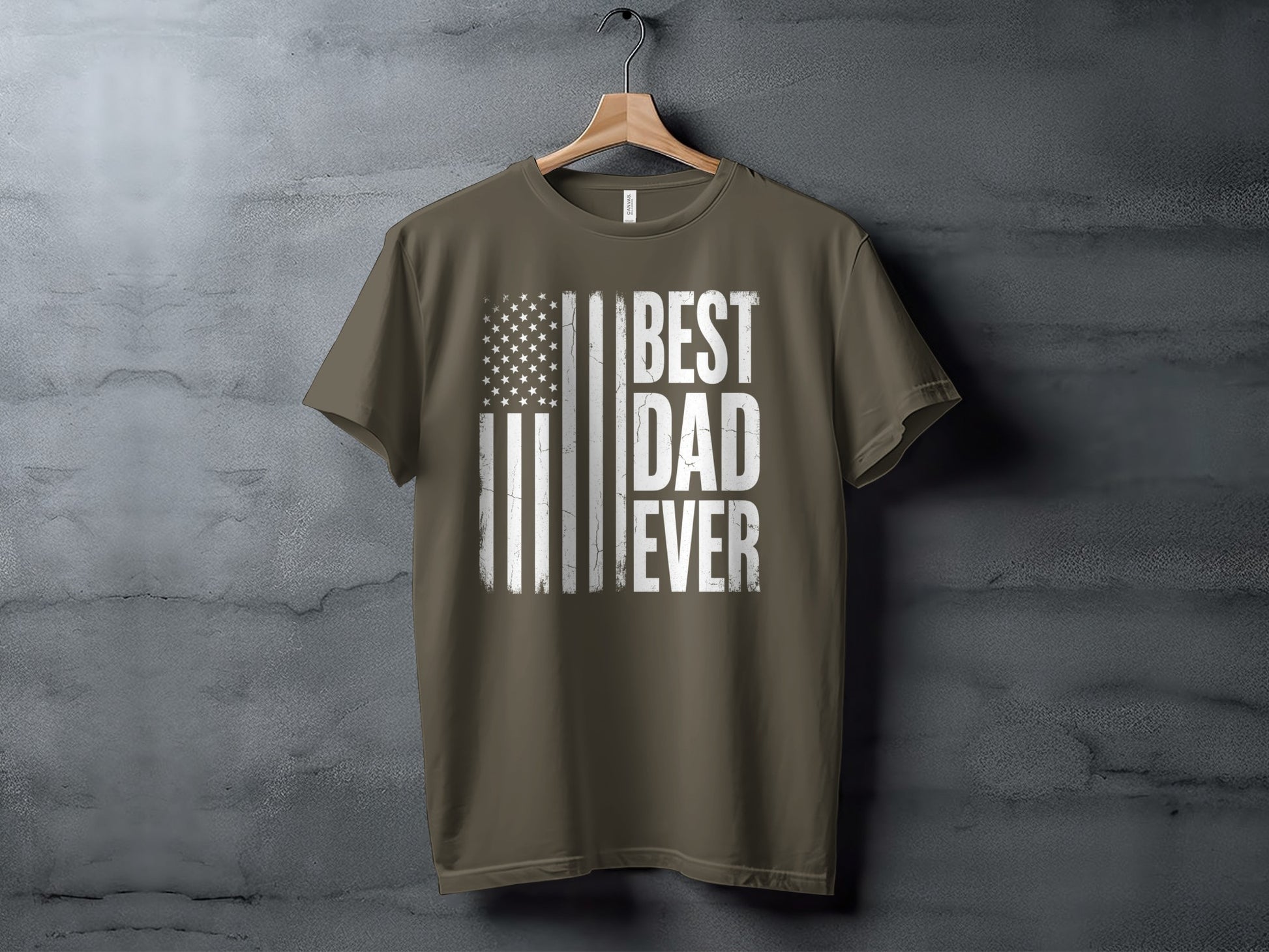 T-shirt with "BEST DAD EVER" text and distressed American flag.