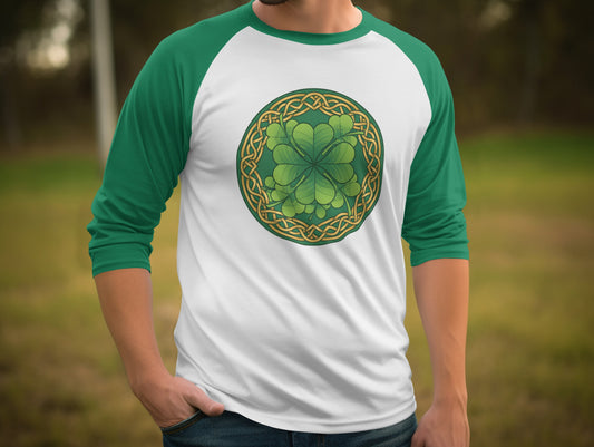 Four Leaf Clover Celtic Knot White Green Raglan product type