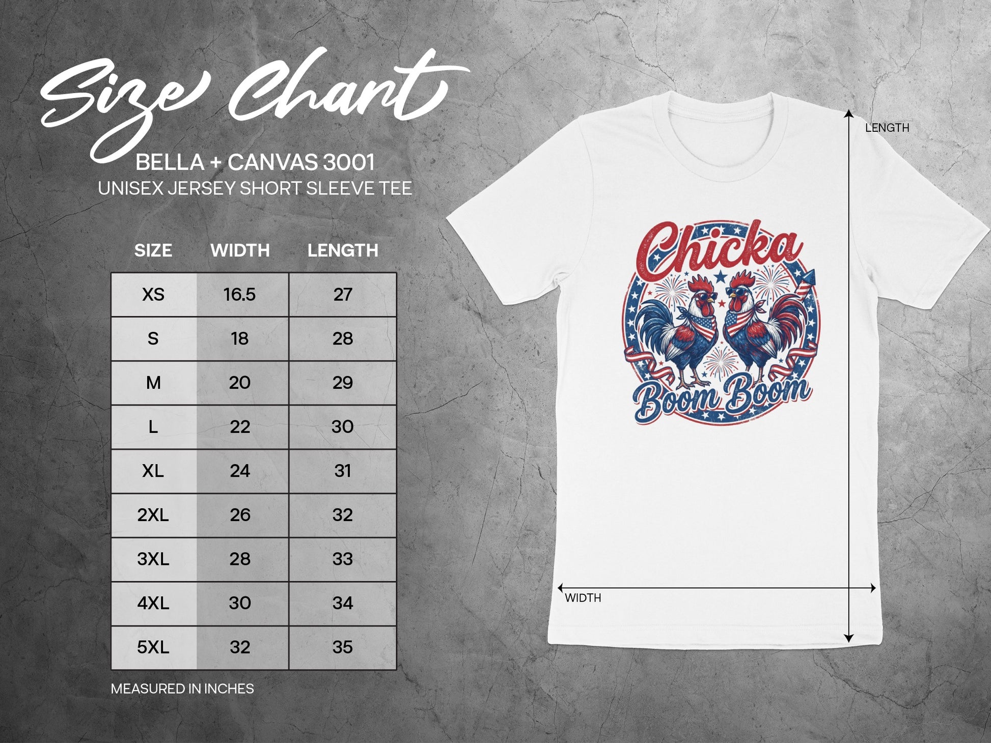 Size chart for Bella+Canvas 3001 unisex t-shirt with patriotic rooster graphic.