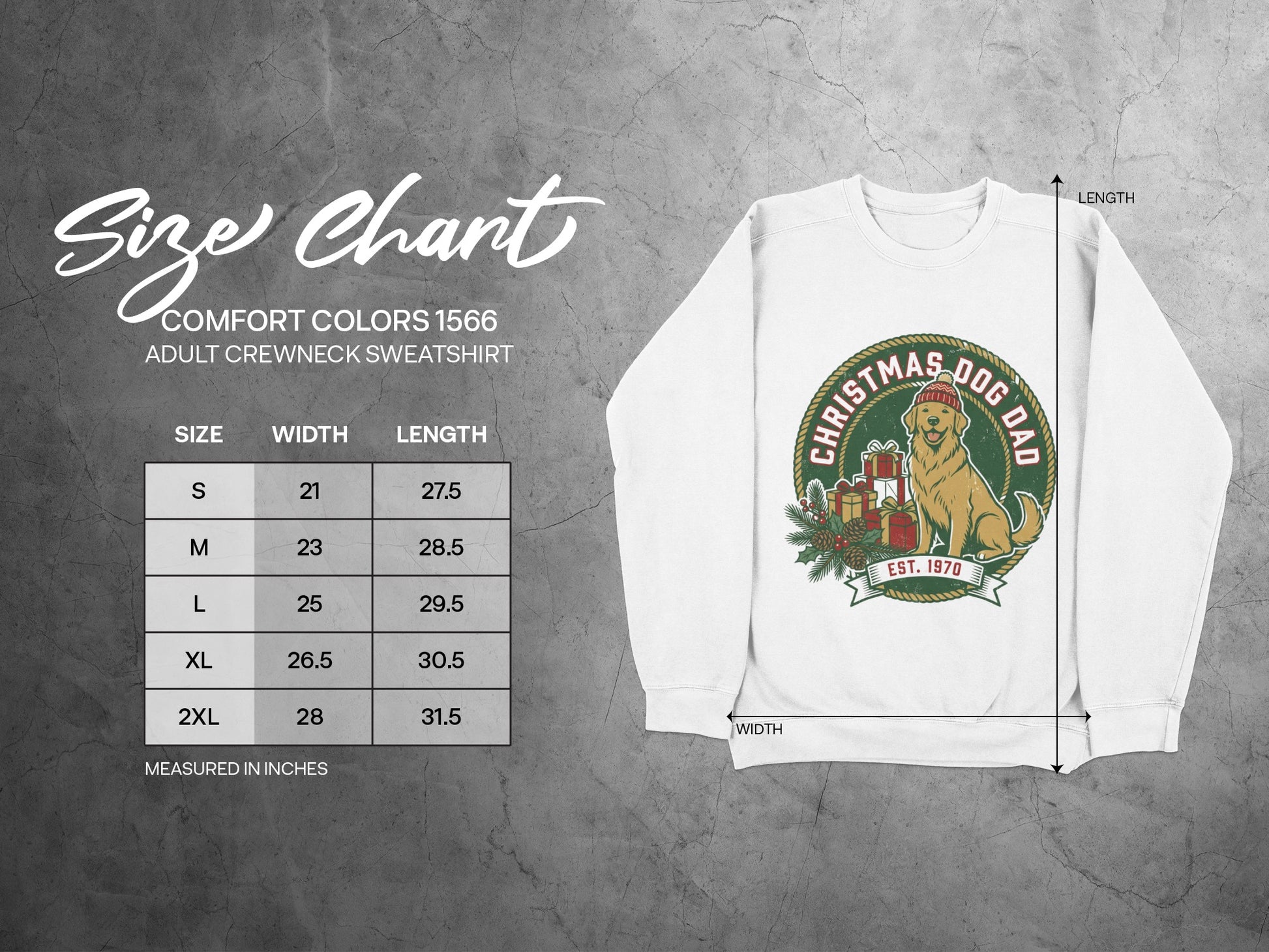 Size chart for adult crewneck sweatshirt with Christmas dog graphic.