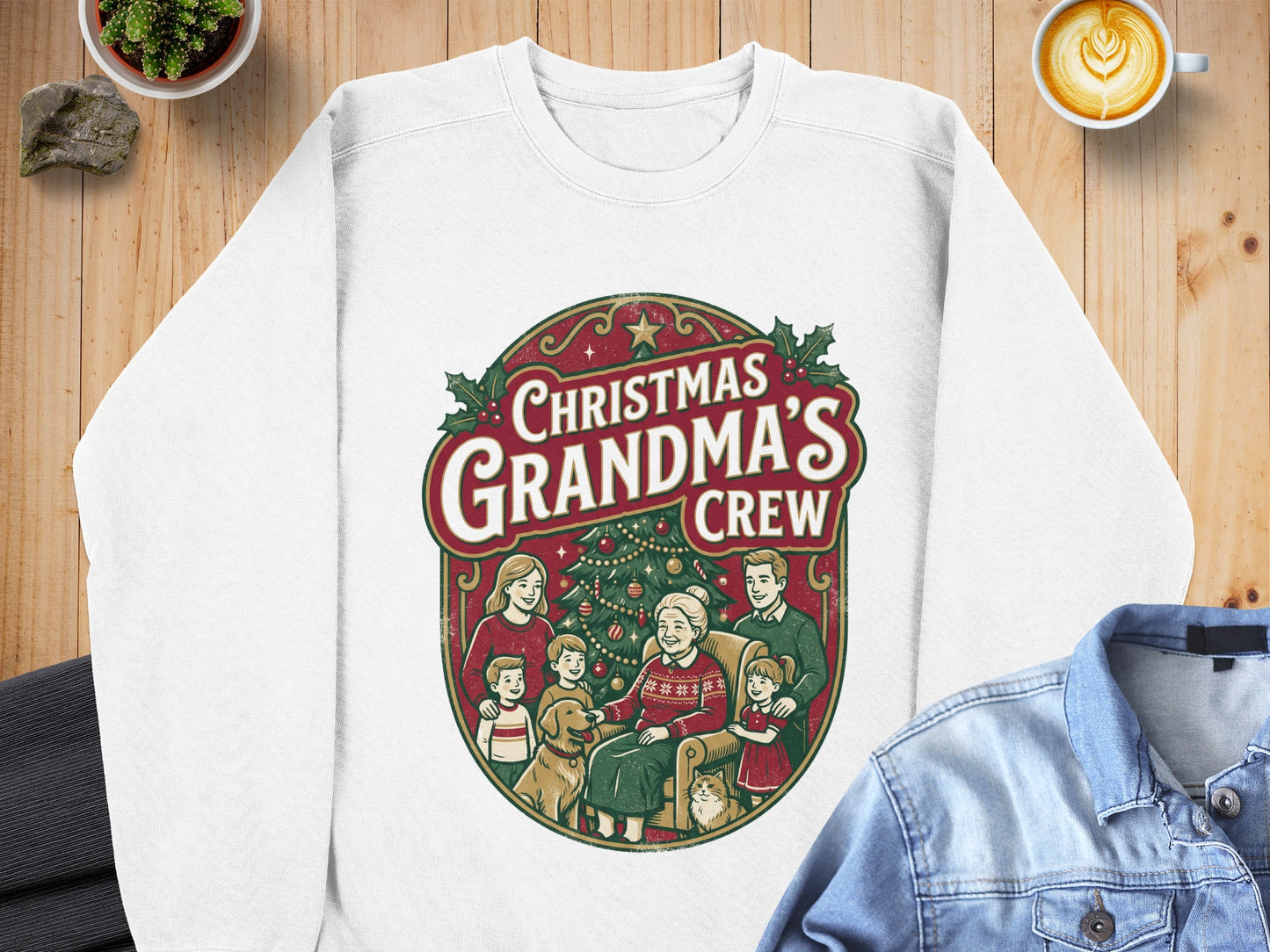 Christmas Grandma's Crew graphic with a family, dog, cat, and Christmas tree.