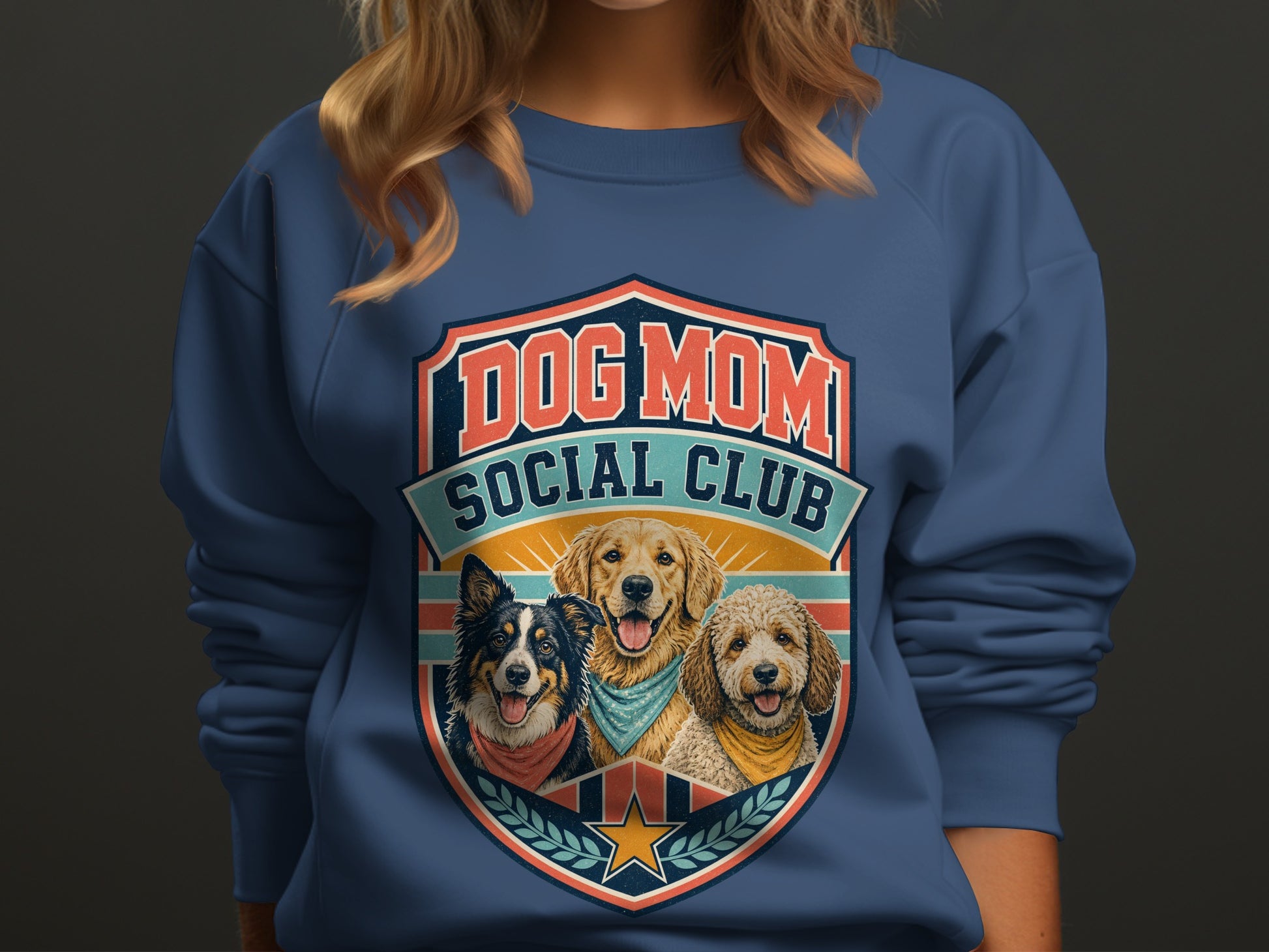 Dog Mom Social Club crest with three dogs, a border collie, golden retriever, and poodle.