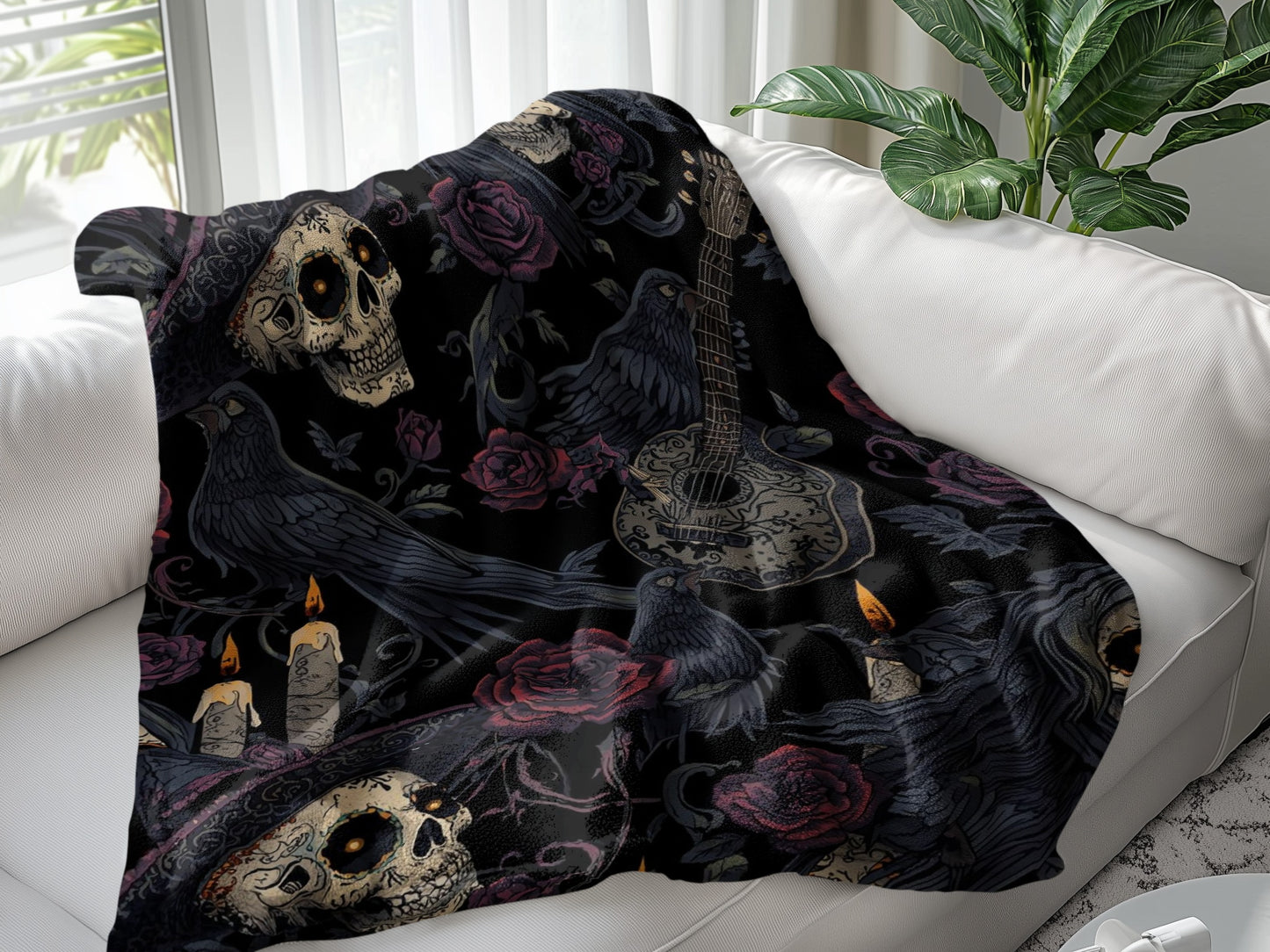 Gothic Skull Rose Guitar Crow Design Blanket product