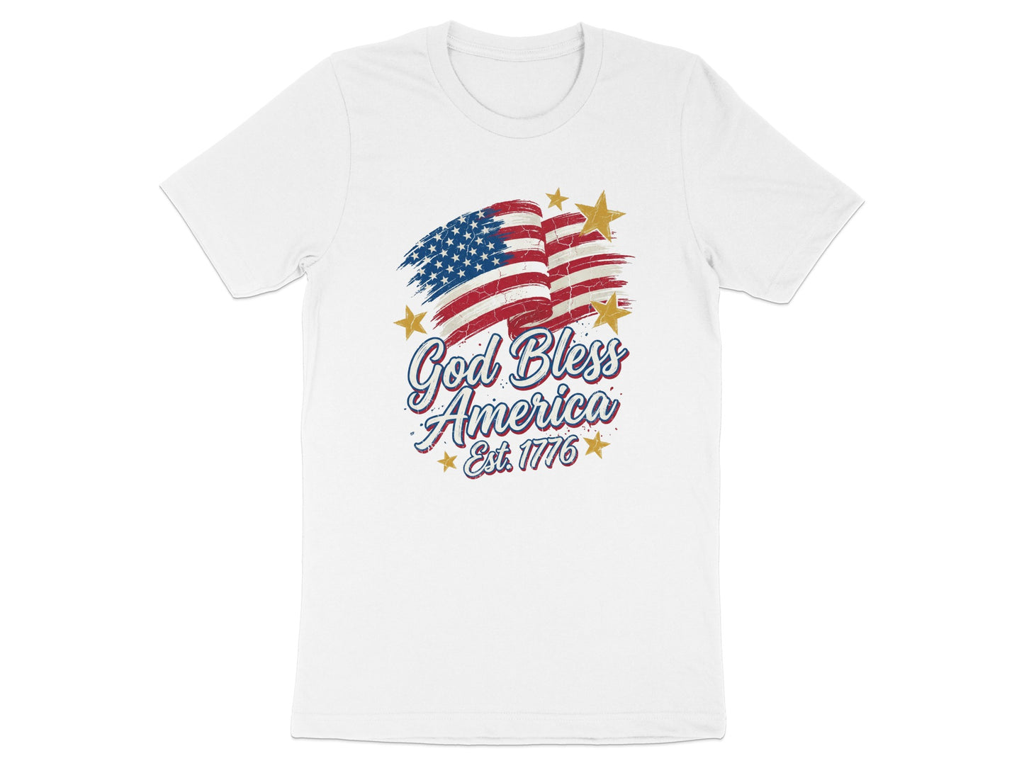 White t-shirt with distressed American flag and "God Bless America Est. 1776".