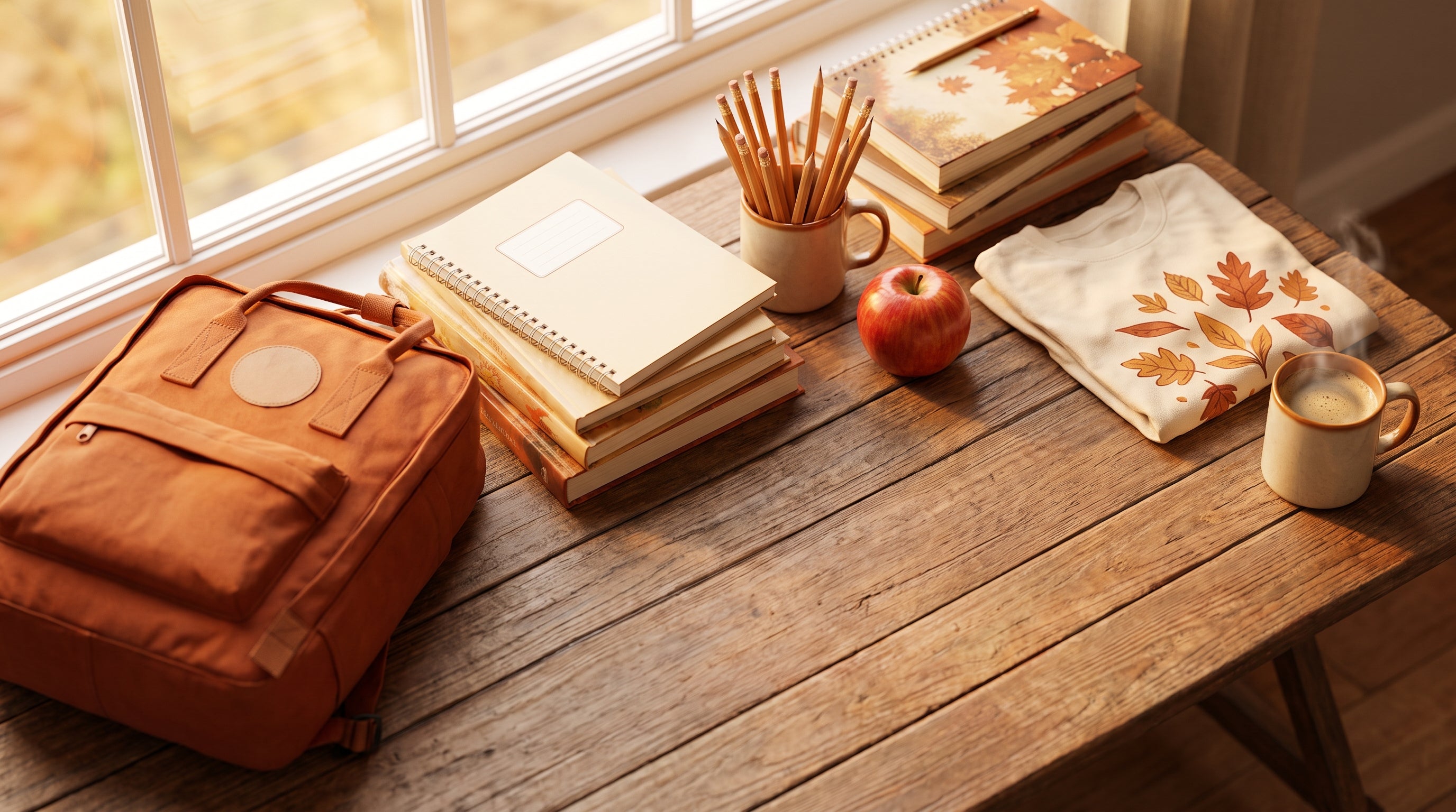 Back to school lifestyle flat lay with backpack, notebooks, apparel and coffee mug