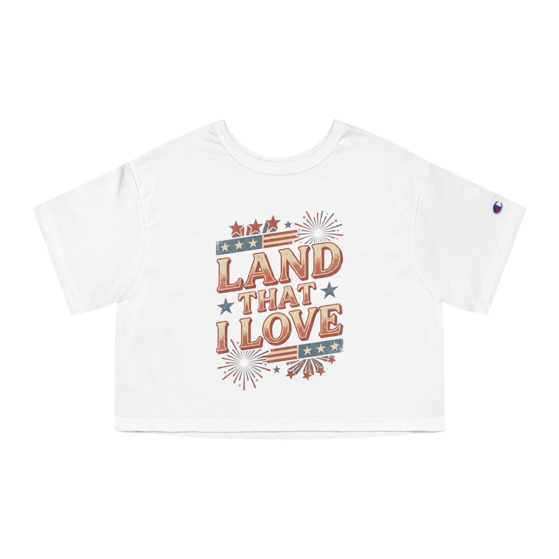 White t-shirt with "LAND THAT I LOVE" graphic and American flag elements.