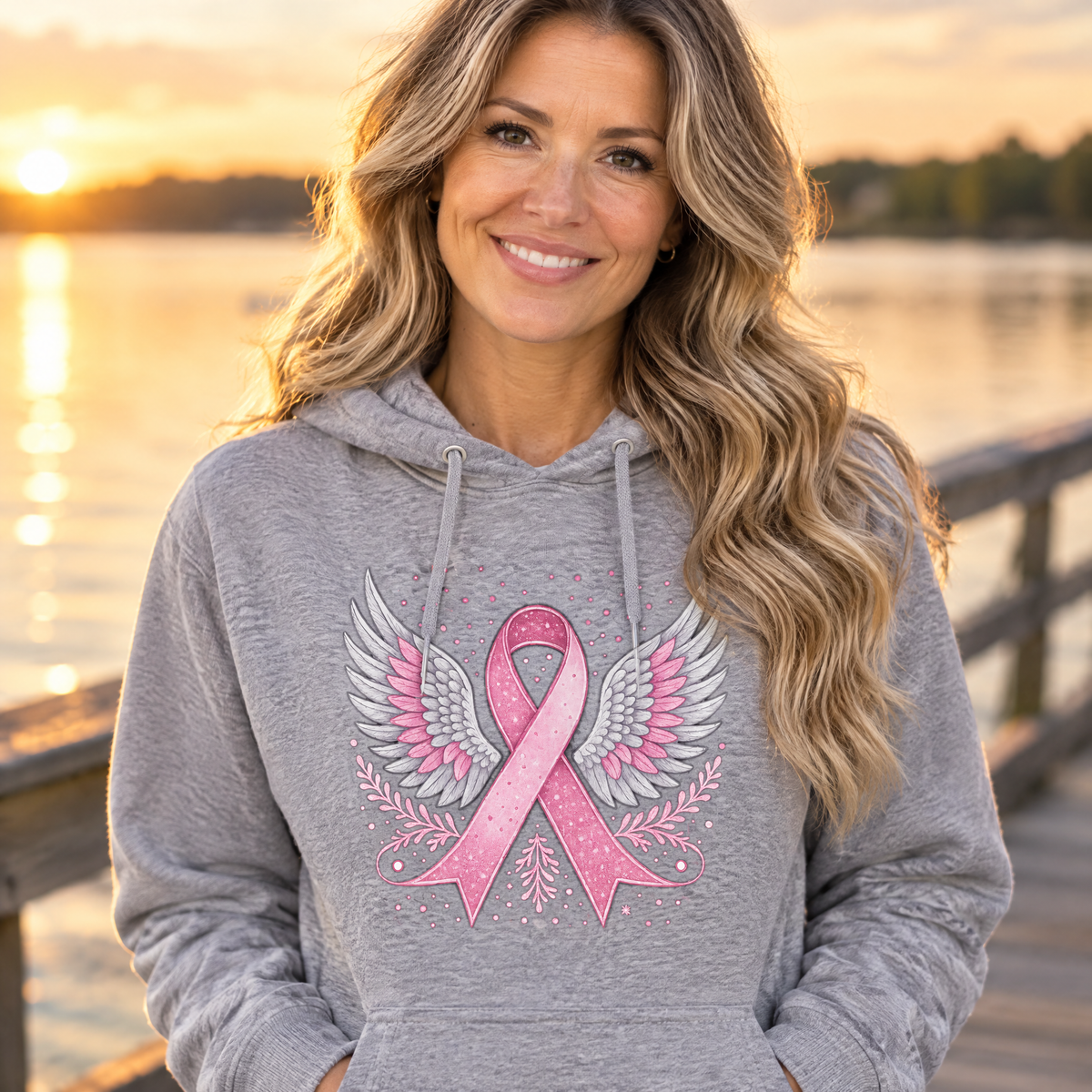 Woman wearing the Breast Cancer Awareness Angel Wings breast cancer awareness hoodie