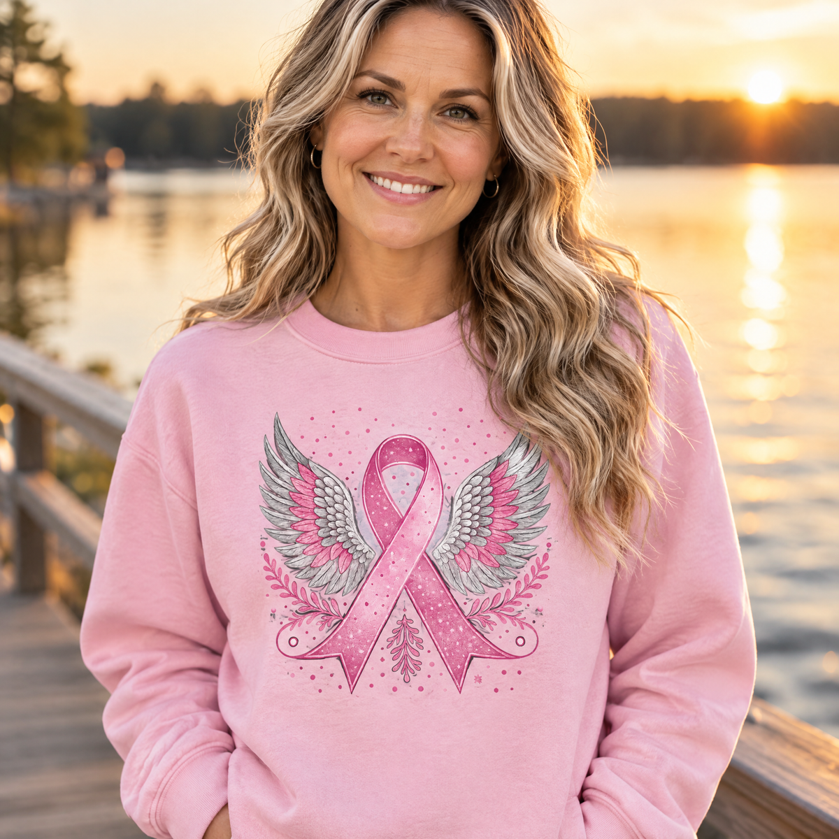 Woman wearing the Breast Cancer Awareness Angel Wings breast cancer awareness sweatshirt