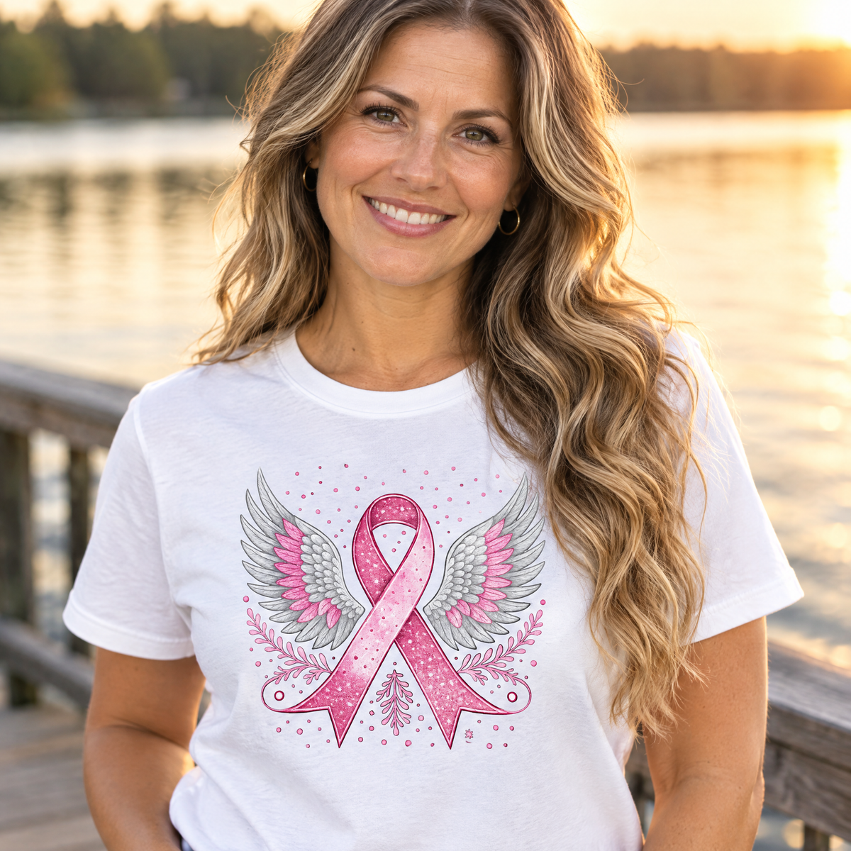 Woman wearing the Breast Cancer Awareness Angel Wings breast cancer awareness t-shirt