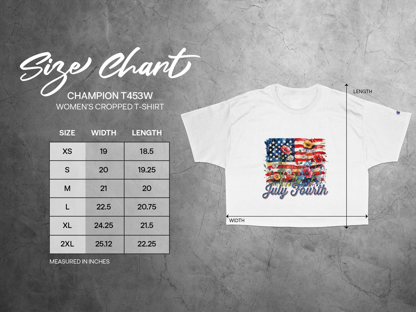 Champion T453W women's cropped t-shirt size chart with chest and length measurements.