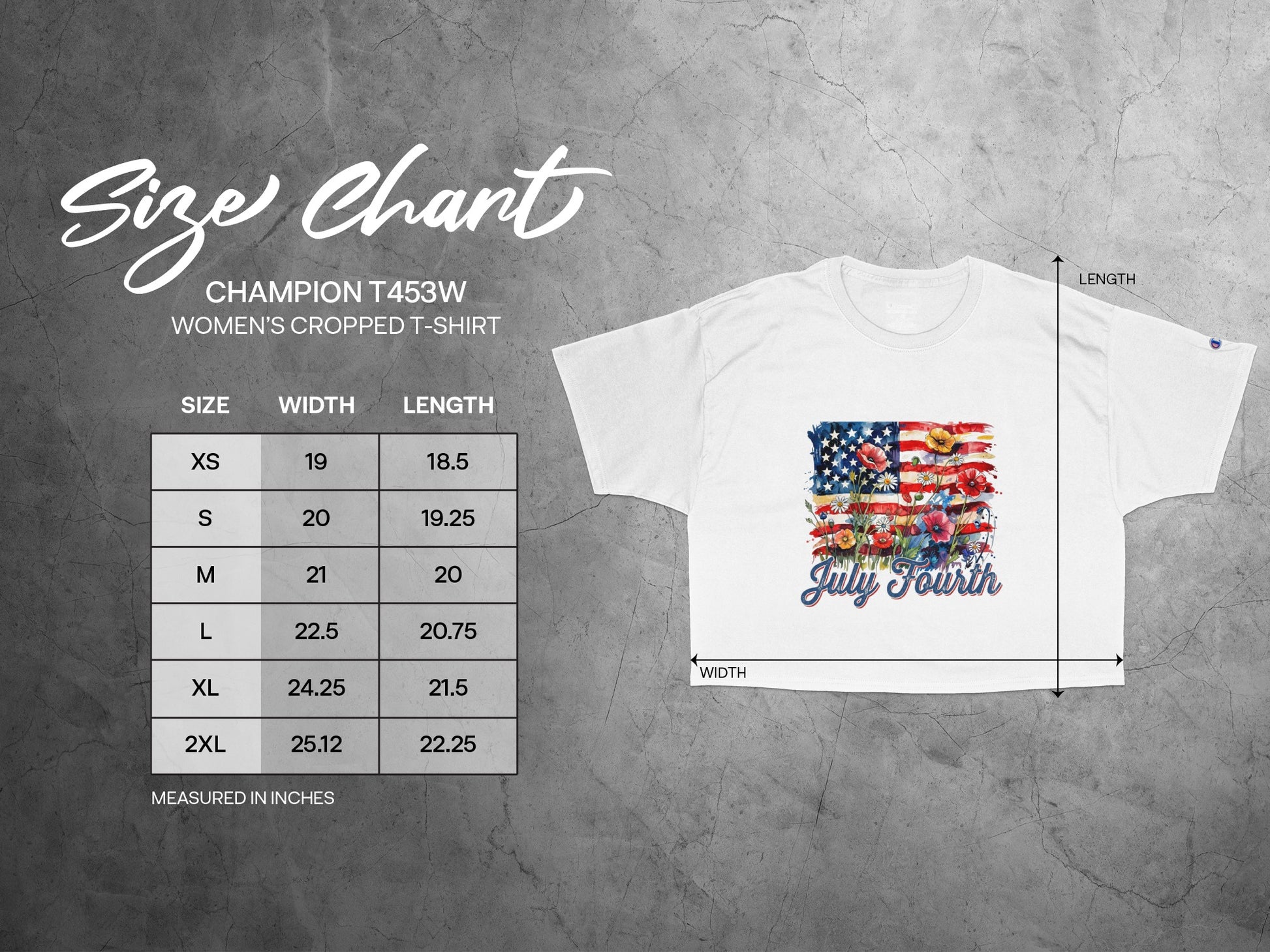 Champion T453W women's cropped t-shirt size chart with chest and length measurements.