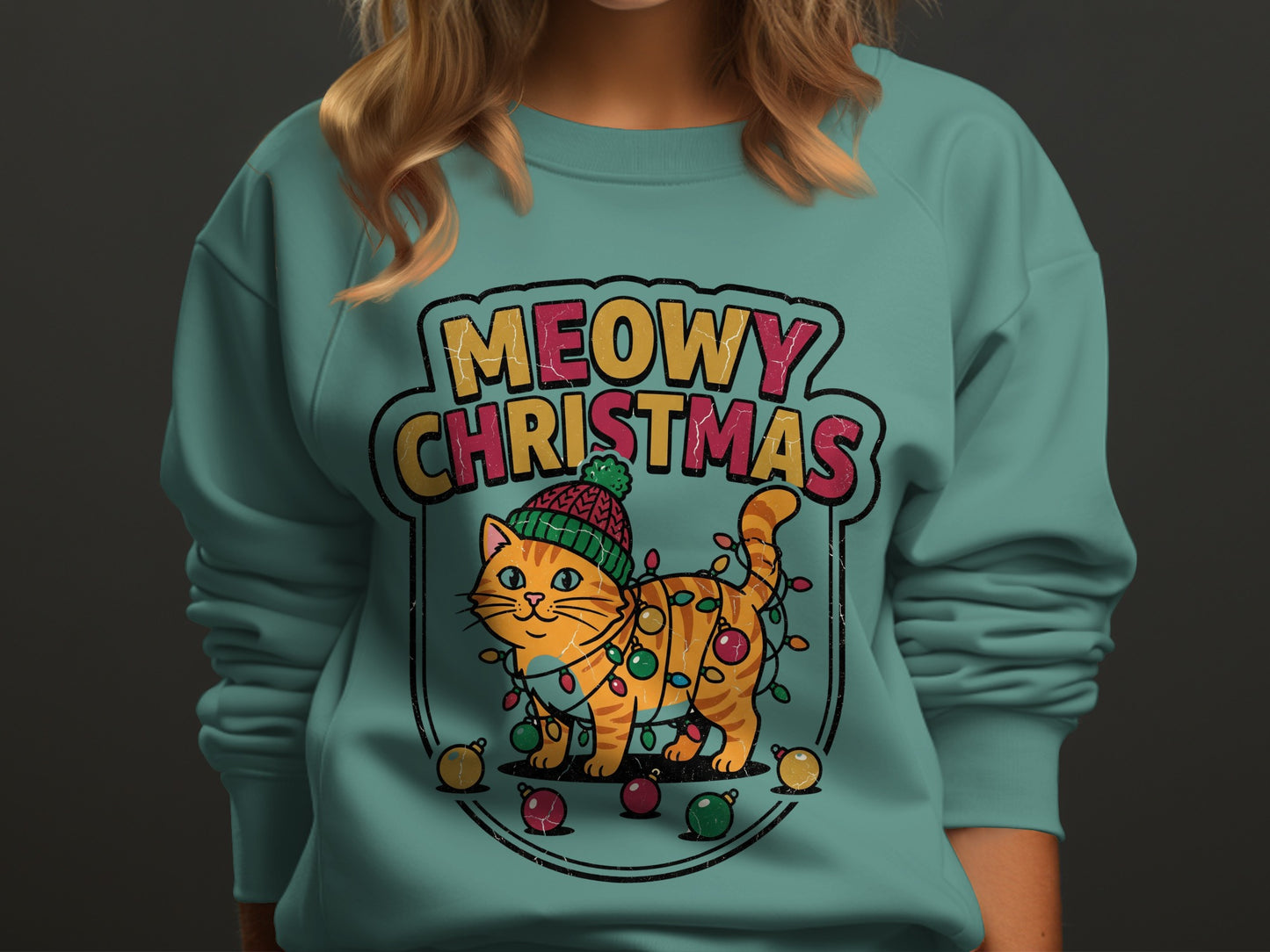 "Meowy Christmas" text above a cartoon cat wrapped in Christmas lights.