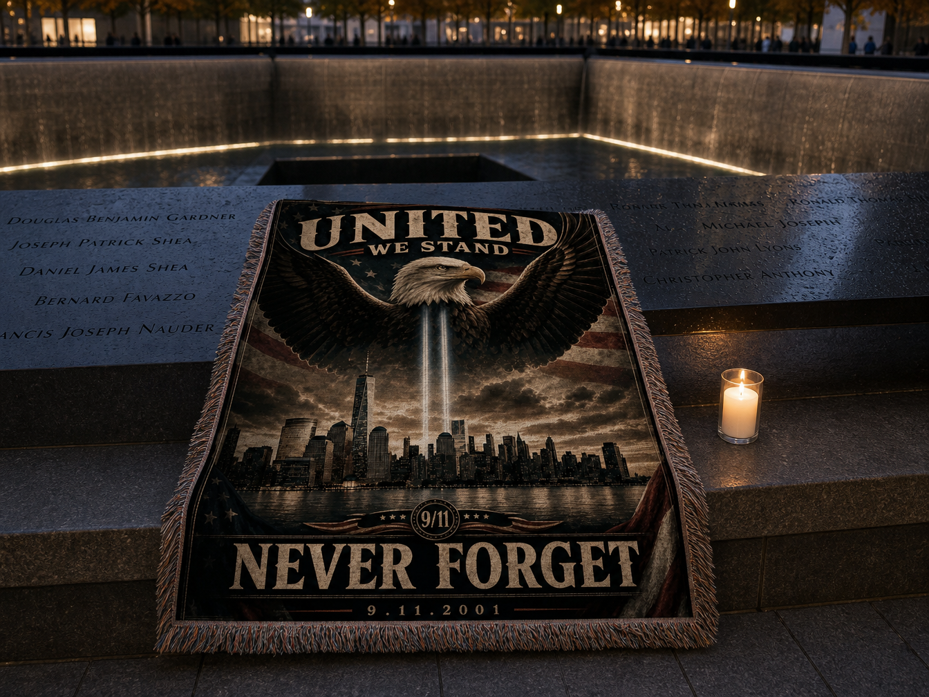 United We Stand 9/11 memorial blanket at the 9/11 memorial reflecting pool