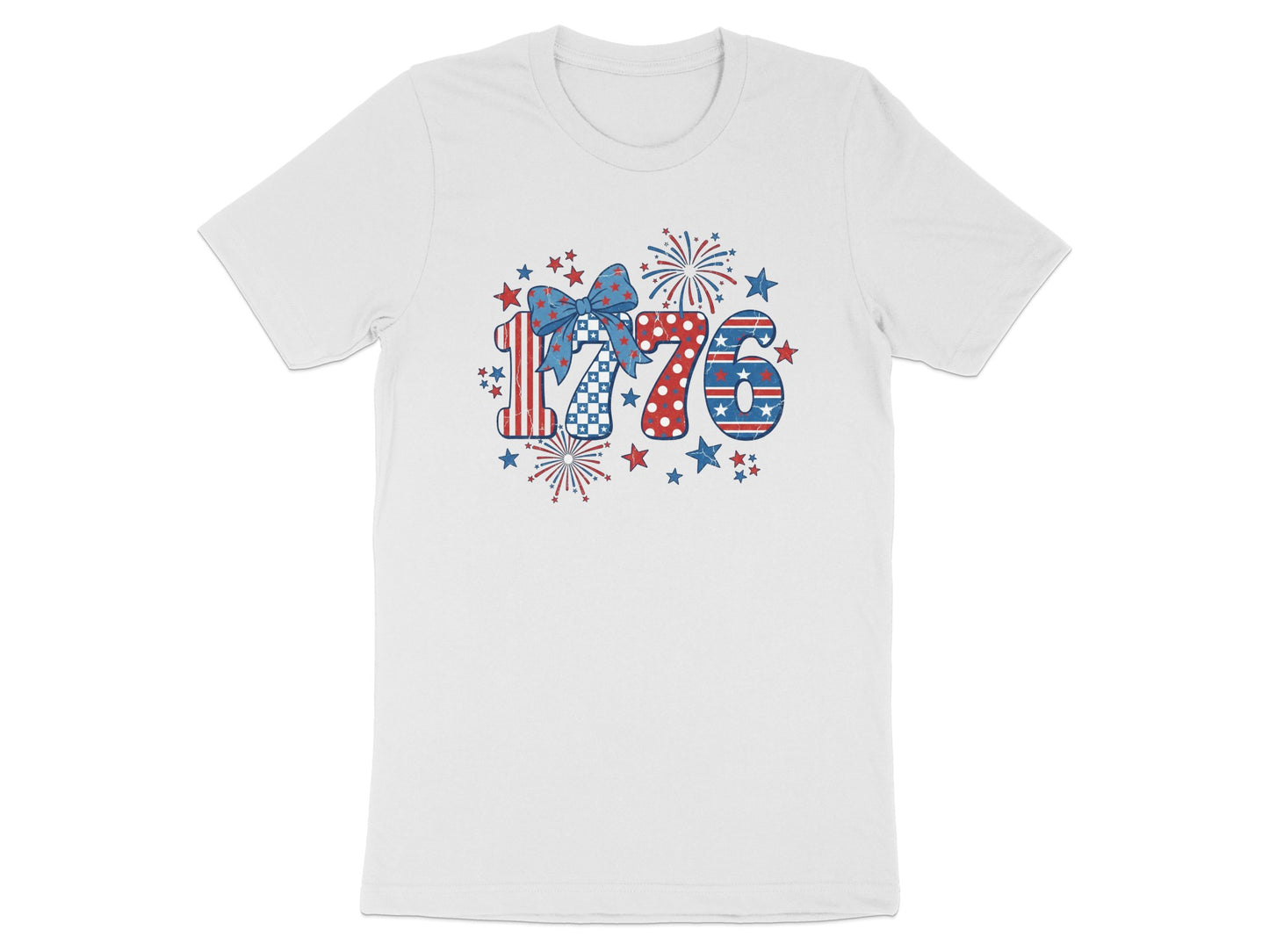 White t-shirt with "1776" design featuring fireworks and a bow.