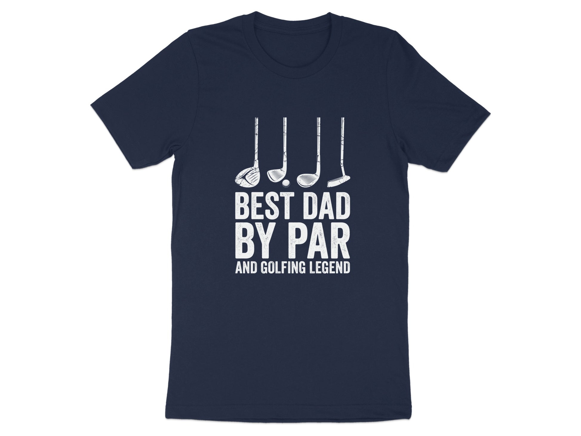 Navy t-shirt with "BEST DAD BY PAR AND GOLFING LEGEND" and golf clubs.