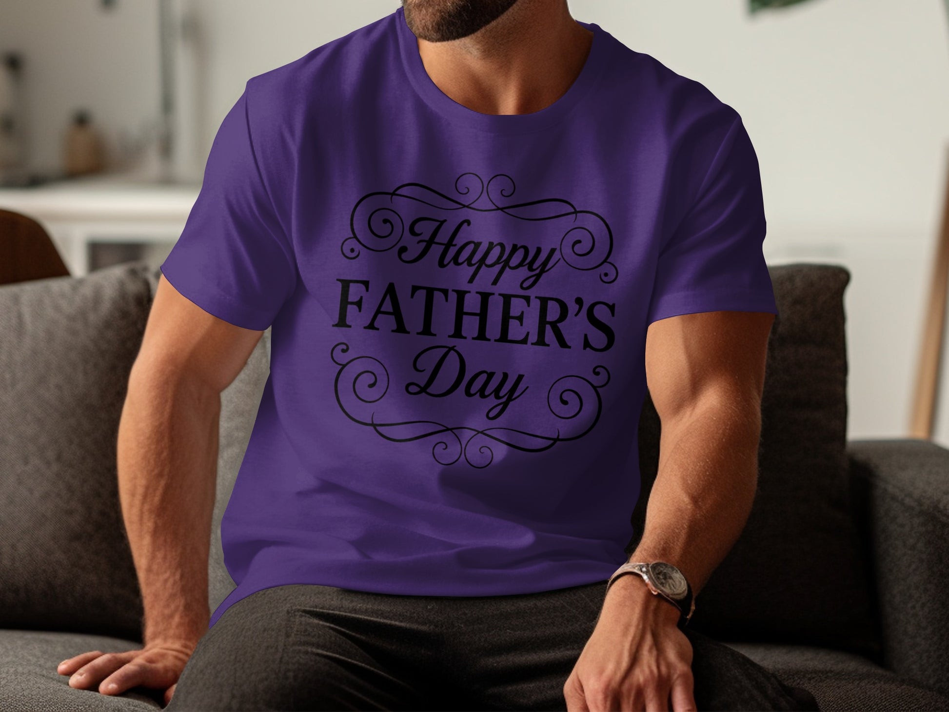 Purple t-shirt with "Happy Father's Day" text in black script.
