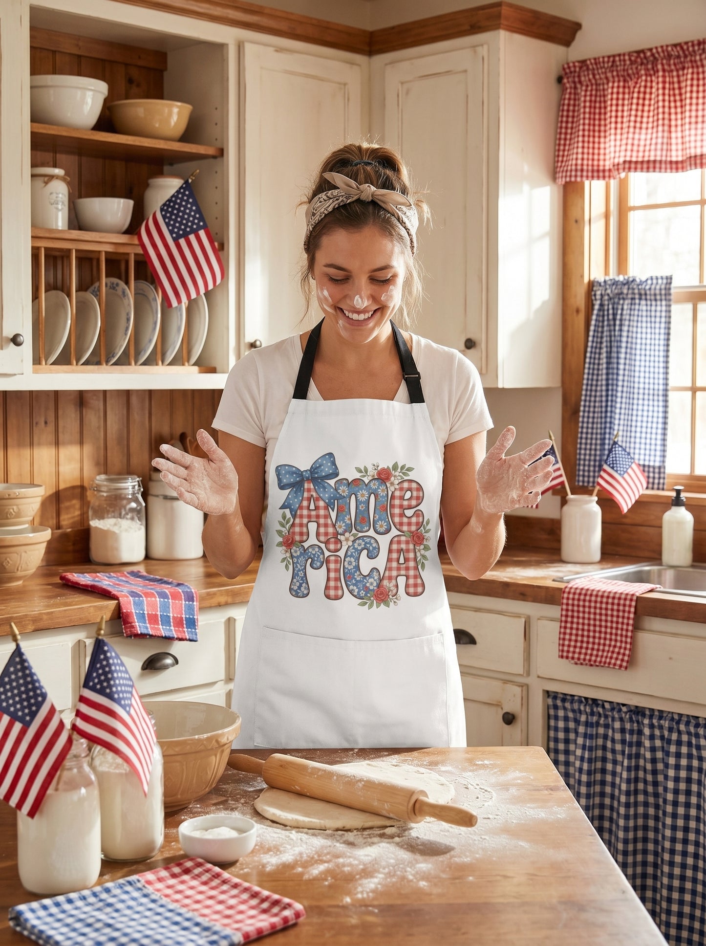 Lifestyle photo of woman wearing Floral Gingham America apron baking