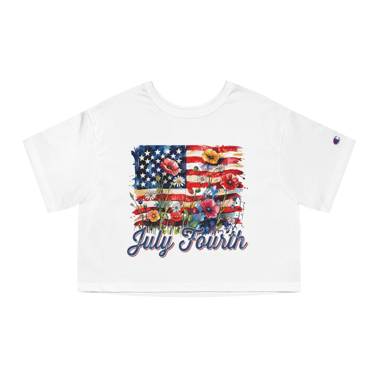 White t-shirt with watercolor American flag, flowers, and "July Fourth" text.