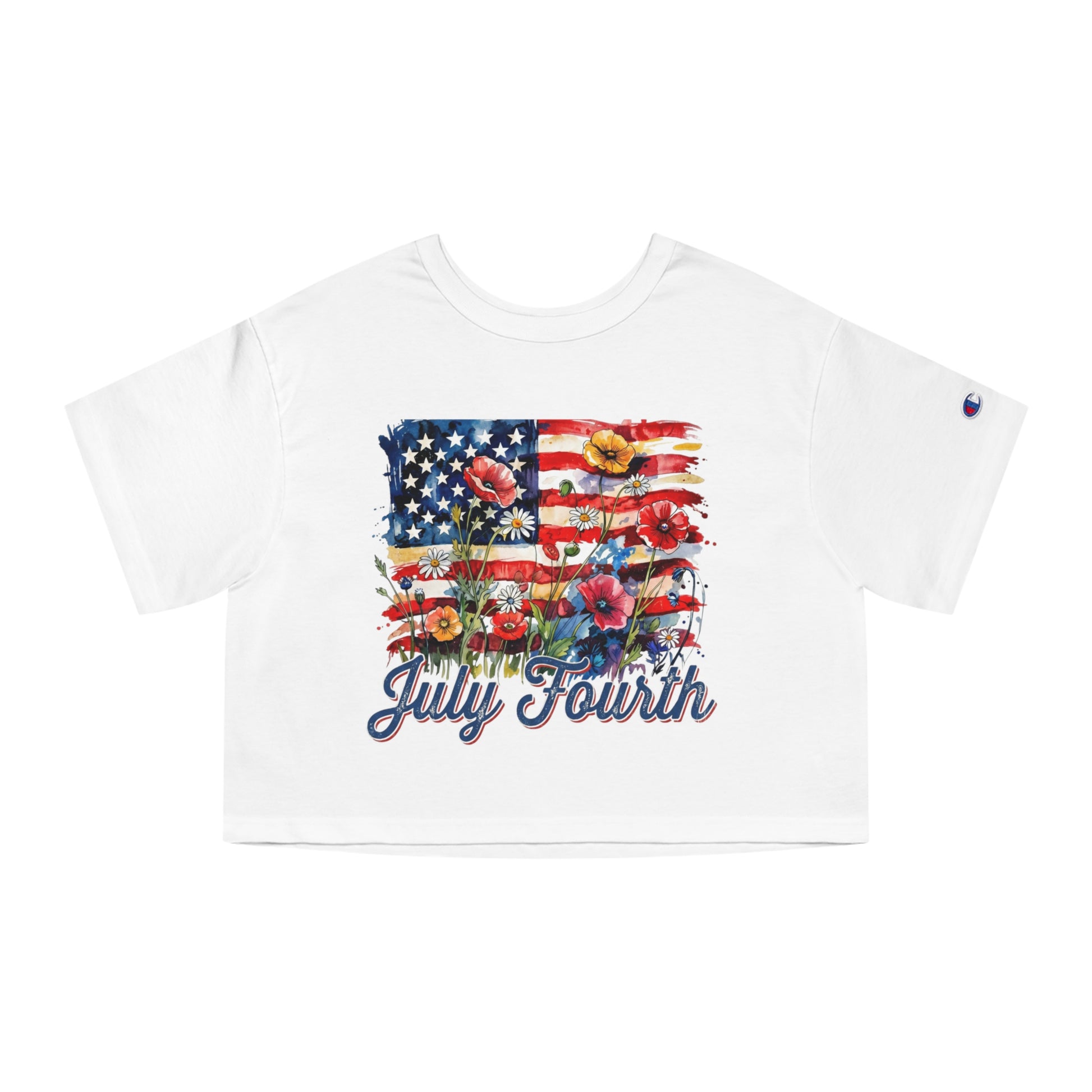White t-shirt with watercolor American flag, flowers, and "July Fourth" text.