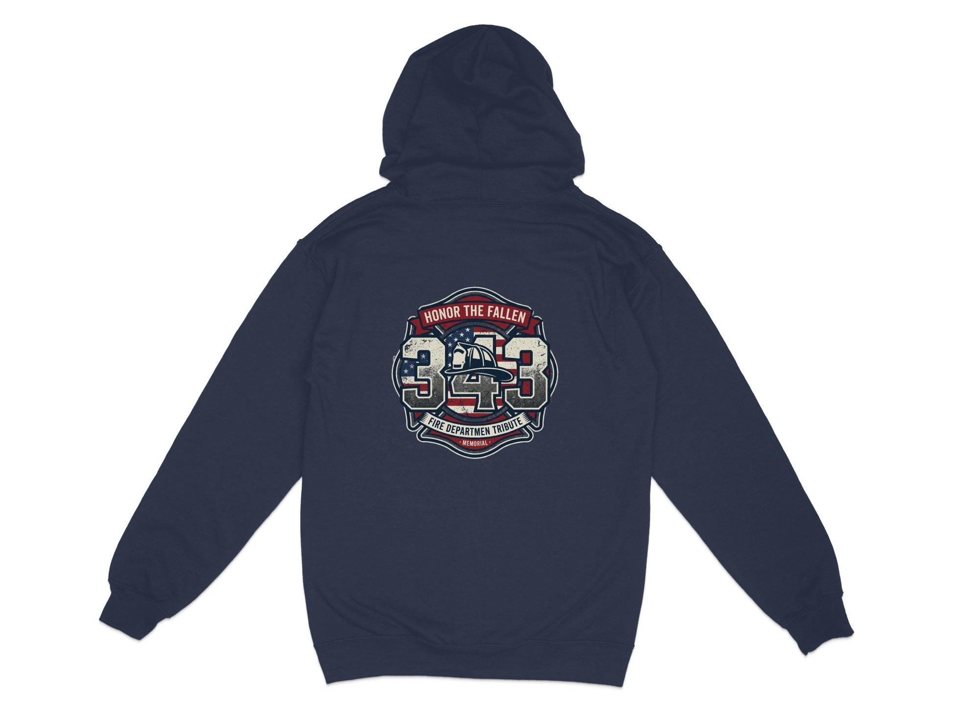 Navy hoodie with "Honor the Fallen 343 Fire Department Tribute Memorial" graphic.