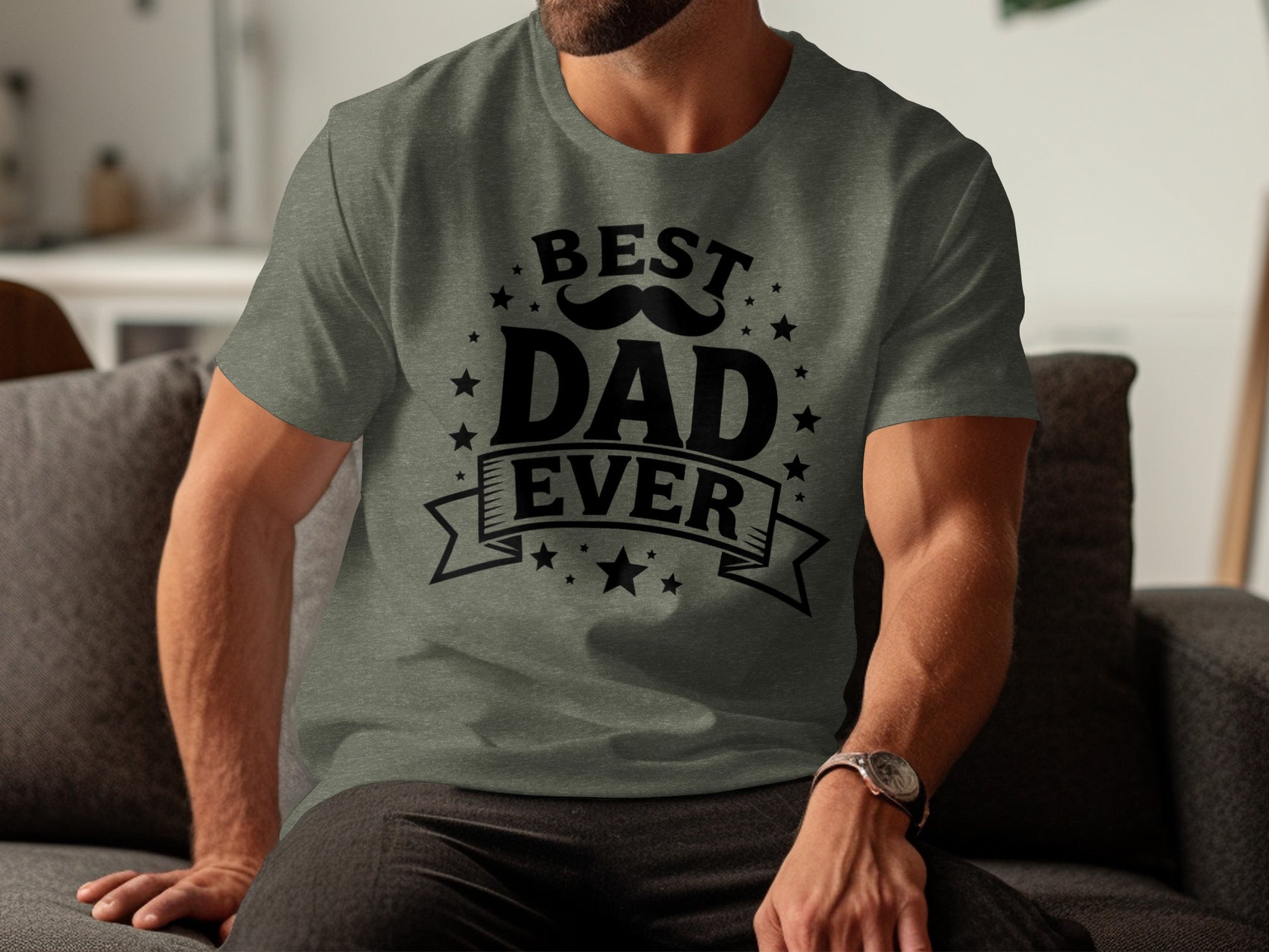 Gray t-shirt with "Best Dad Ever" text, mustache, and stars.