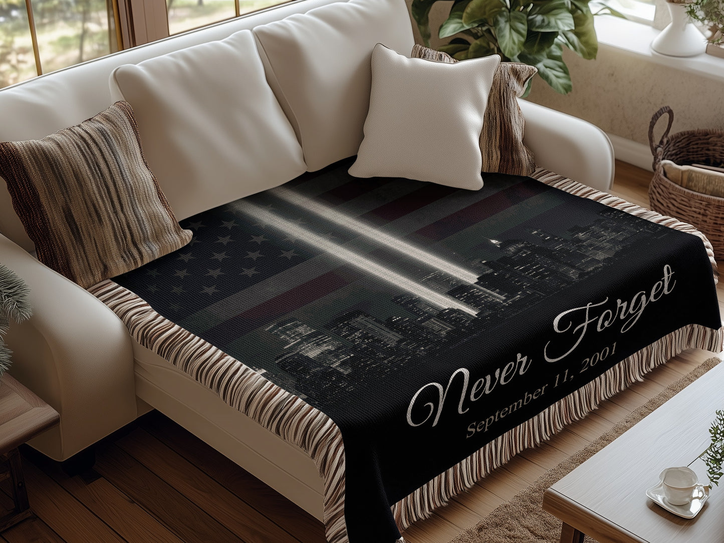 Black kente throw with US flag, tribute lights, and text "Never Forget September 11, 2001".