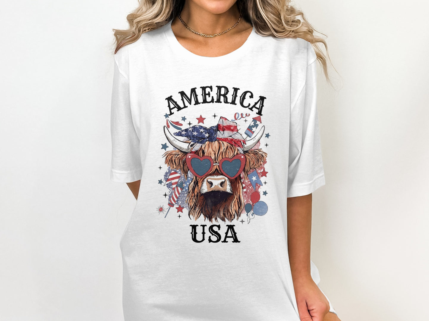 Highland cow wearing heart sunglasses and bandana, with "America USA" text.
