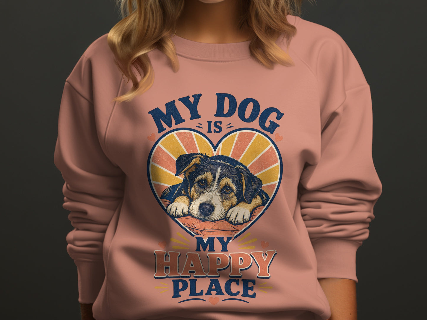 Pink sweatshirt with "My dog is my happy place" text and a dog in a heart graphic.
