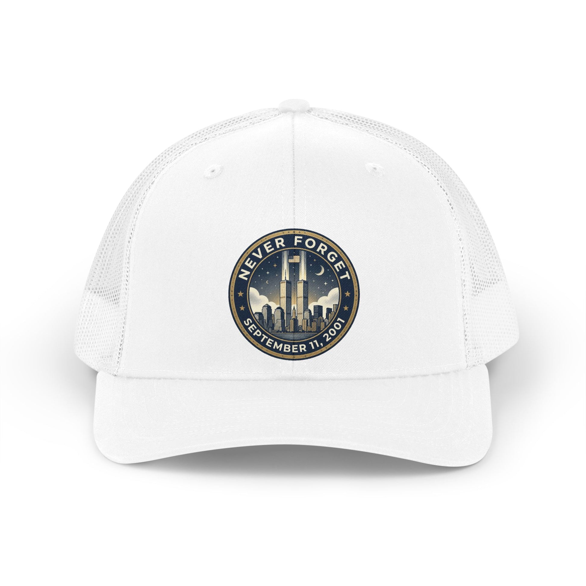 White trucker hat with circular emblem featuring Twin Towers and "Never Forget September 11, 2001."