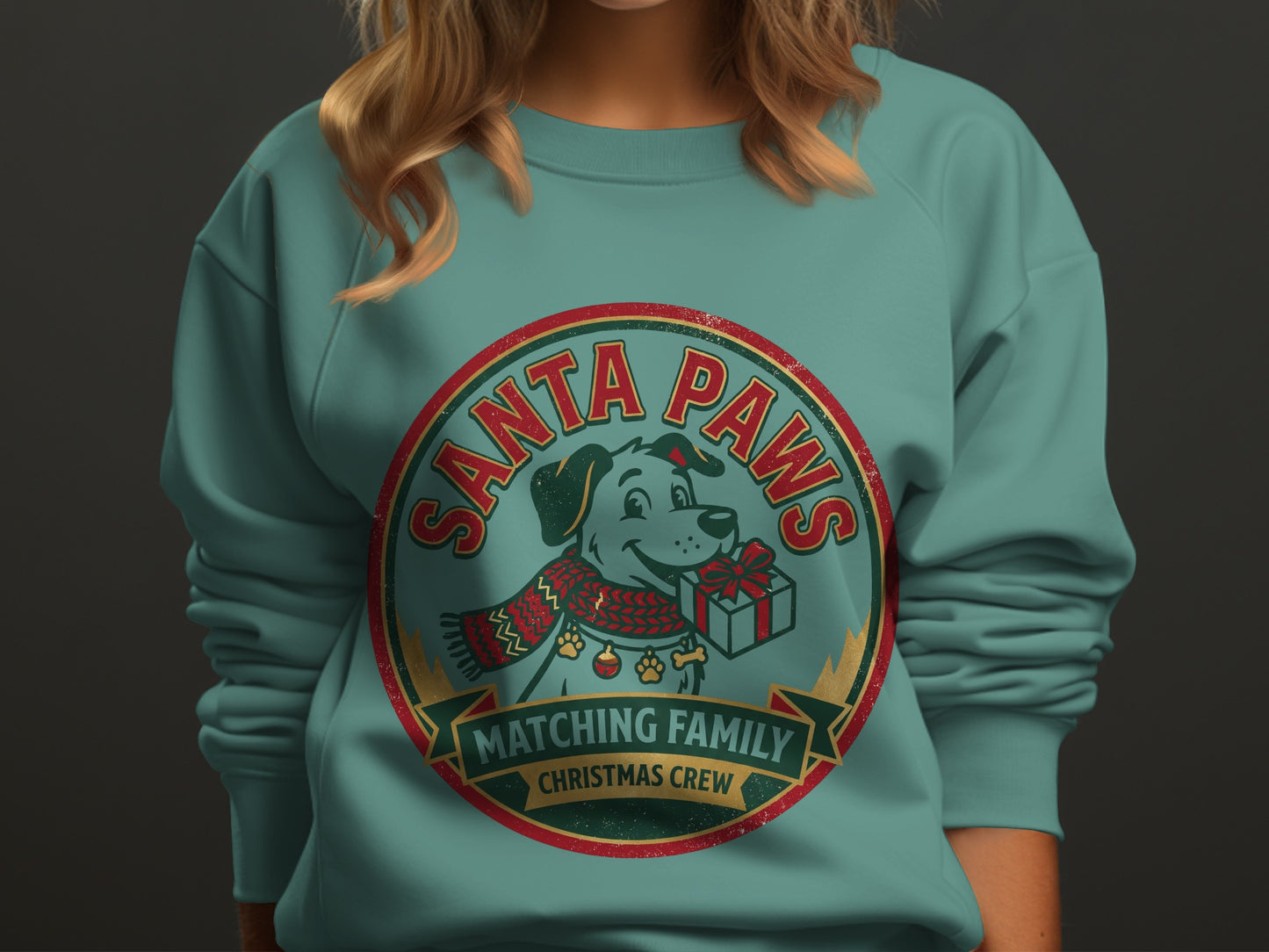 "Santa Paws Matching Family Christmas Crew" graphic on a teal sweatshirt.