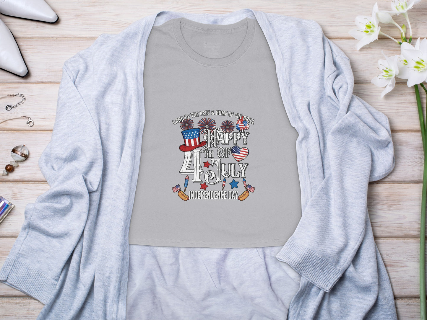 Grey t-shirt with "Happy 4th of July Independence Day" graphic and patriotic elements.