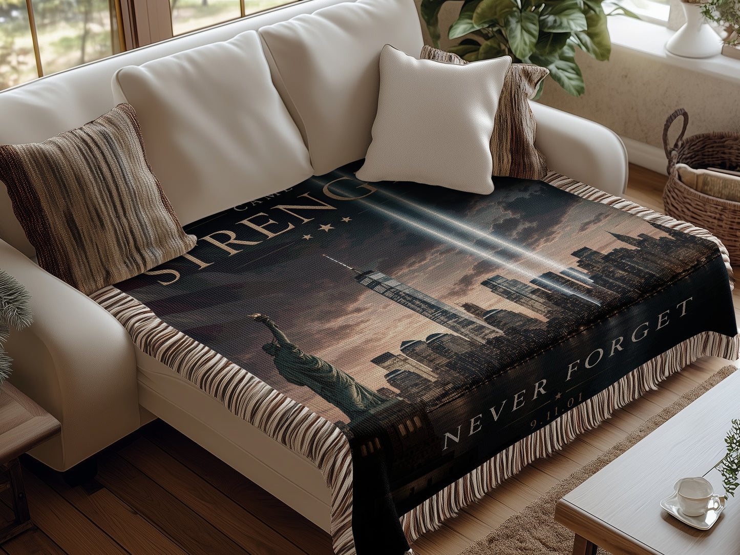 Throw blanket featuring the Statue of Liberty, New York City skyline, and "Never Forget 9.11.01".