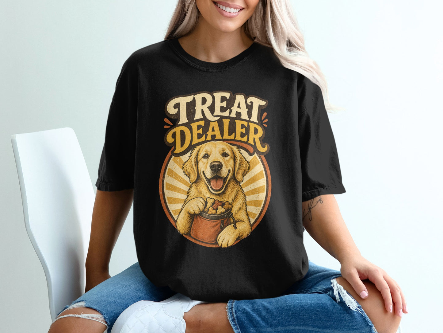 Black t-shirt with "Treat Dealer" text and Golden Retriever holding bag of treats.