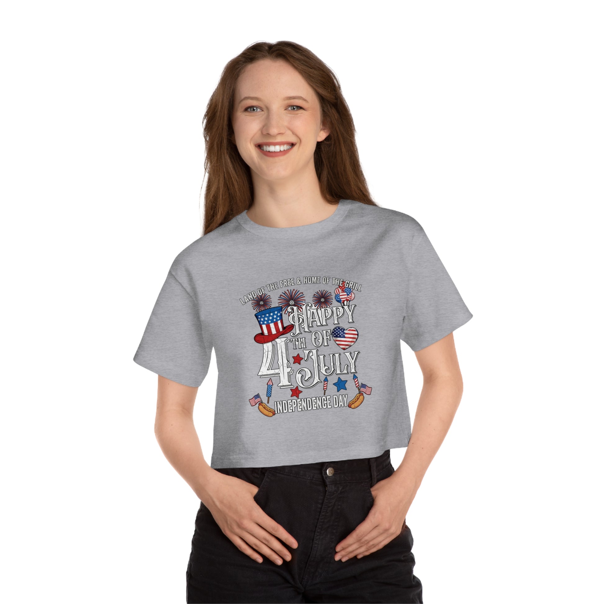 Grey crop top with "Happy 4th of July Independence Day" graphic and patriotic symbols.