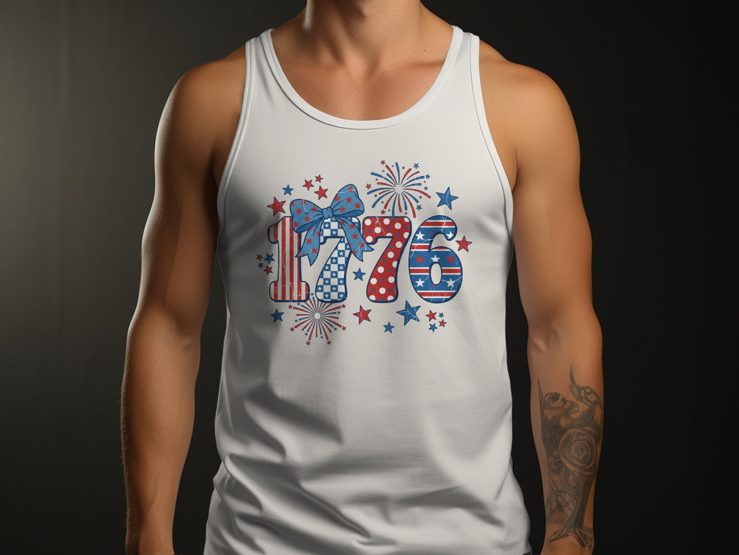 White tank top with patriotic "1776" graphic featuring stars, stripes, and fireworks.