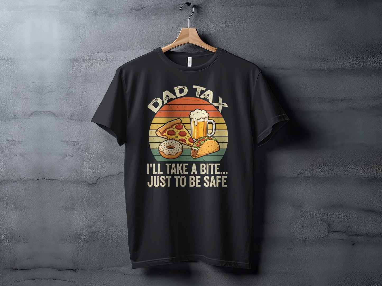 Black t-shirt with "Dad Tax" and food/drink graphics.