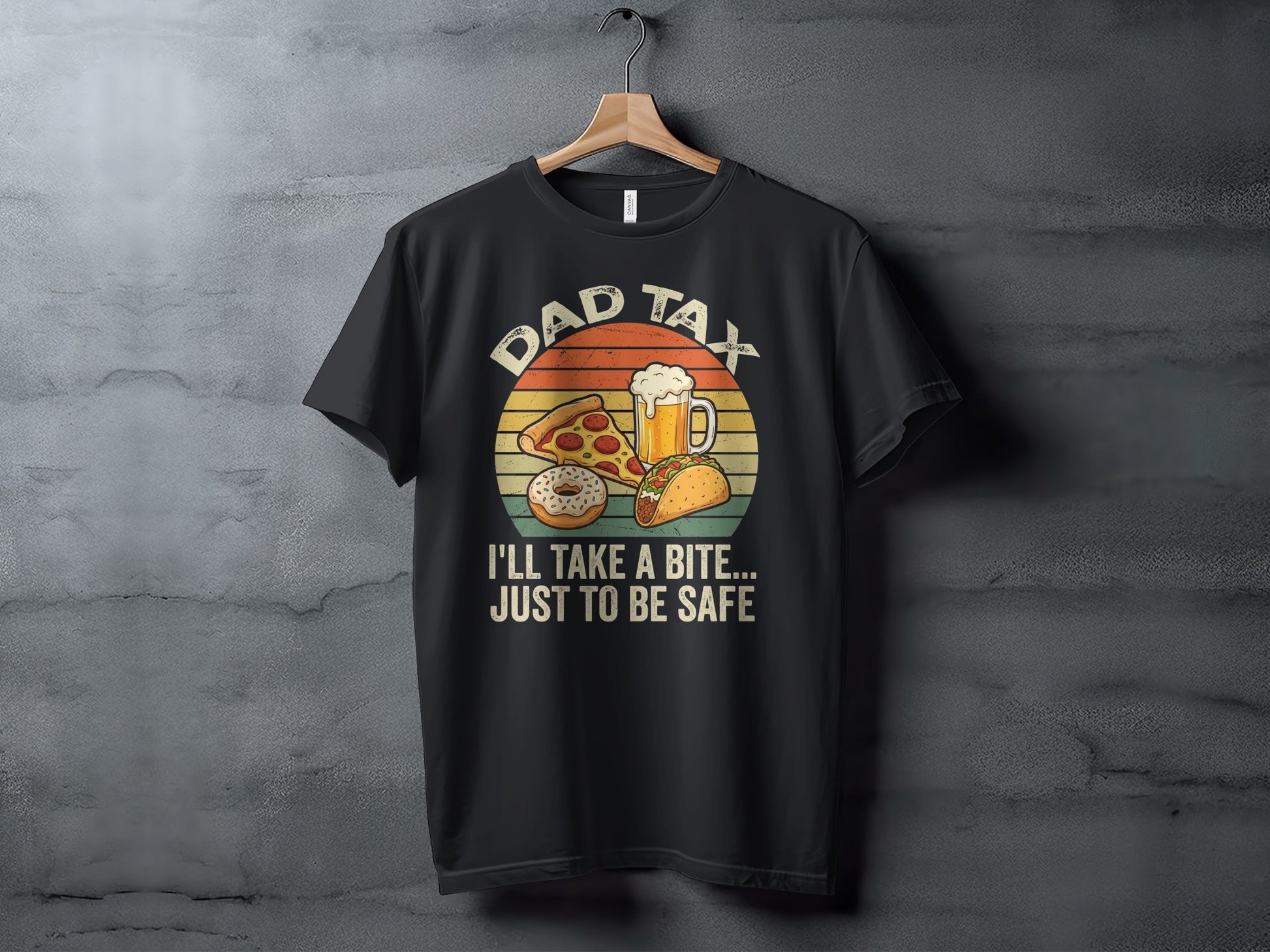 Black t-shirt with "Dad Tax" and food/drink graphics.