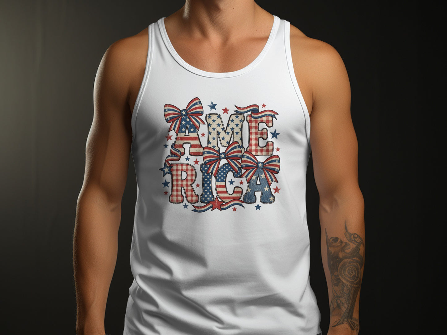White tank top with "AMERICA" in patriotic patterns and bows.