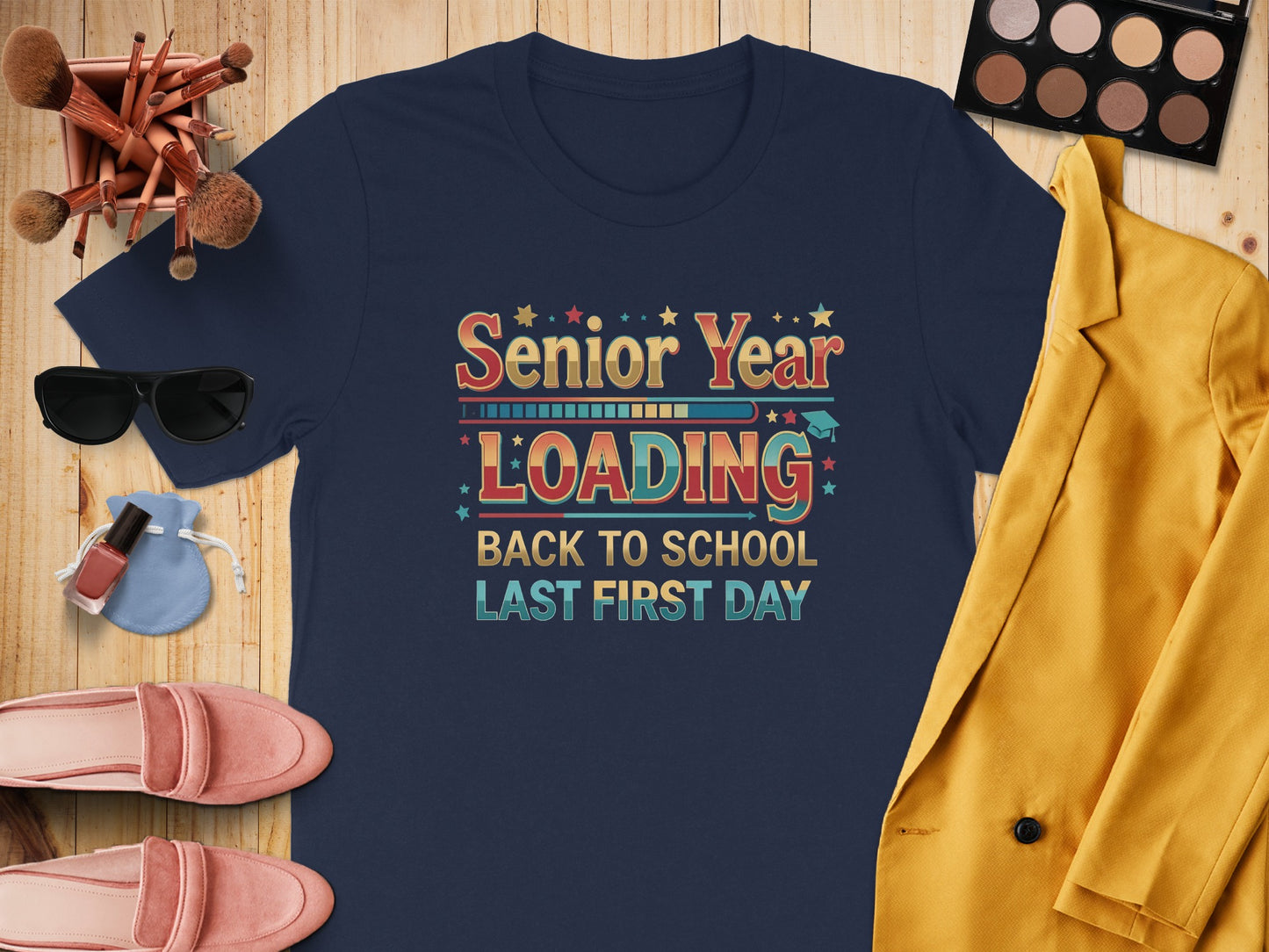 Navy t-shirt with "Senior Year Loading" and graduation elements.