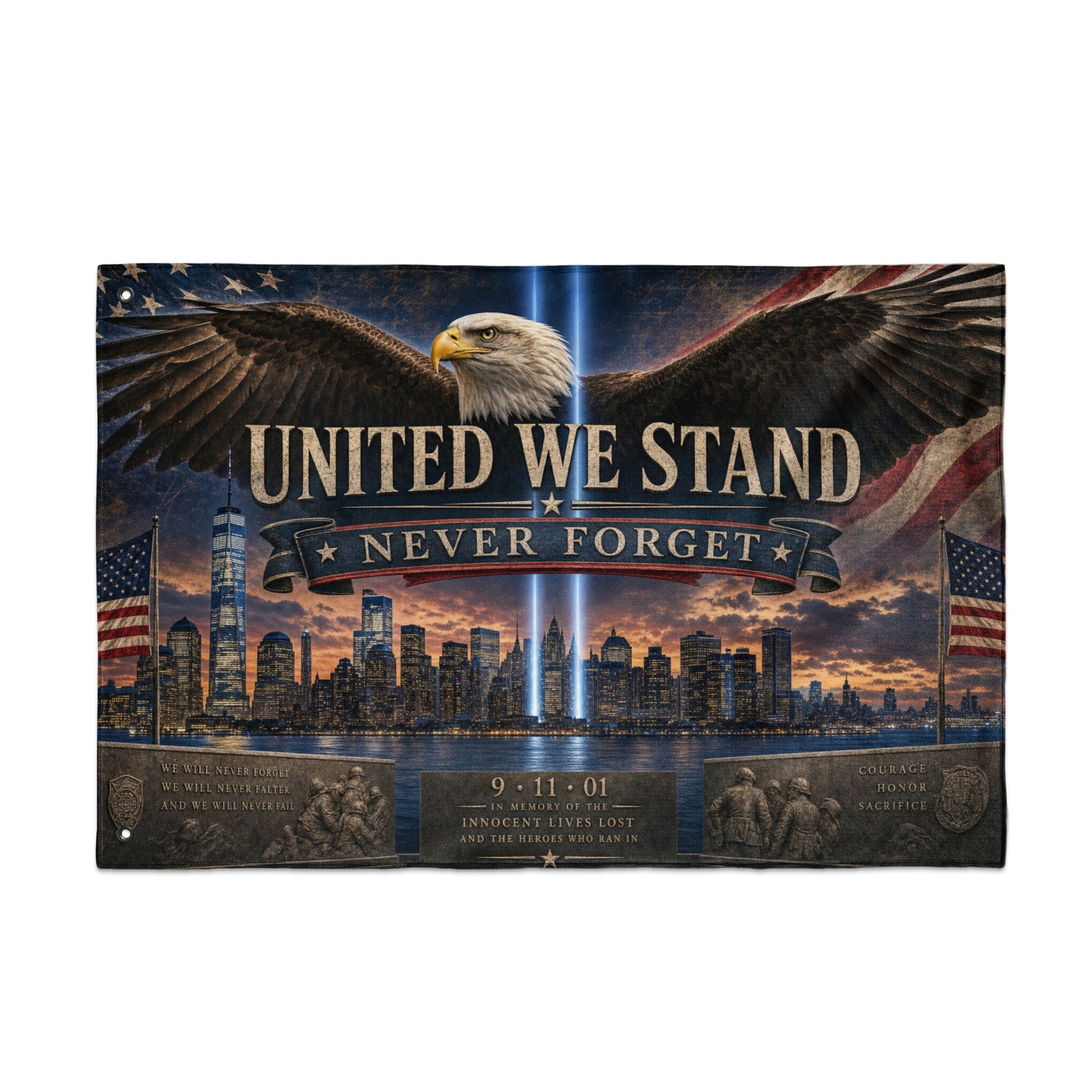 Eagle unfurled over New York skyline with "United We Stand Never Forget" text.