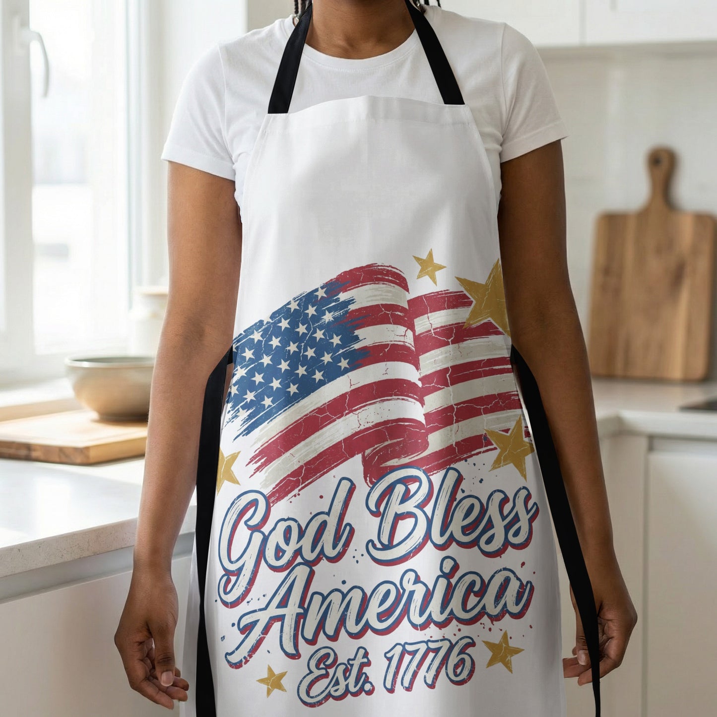 White apron with distressed American flag and "God Bless America Est. 1776" text.