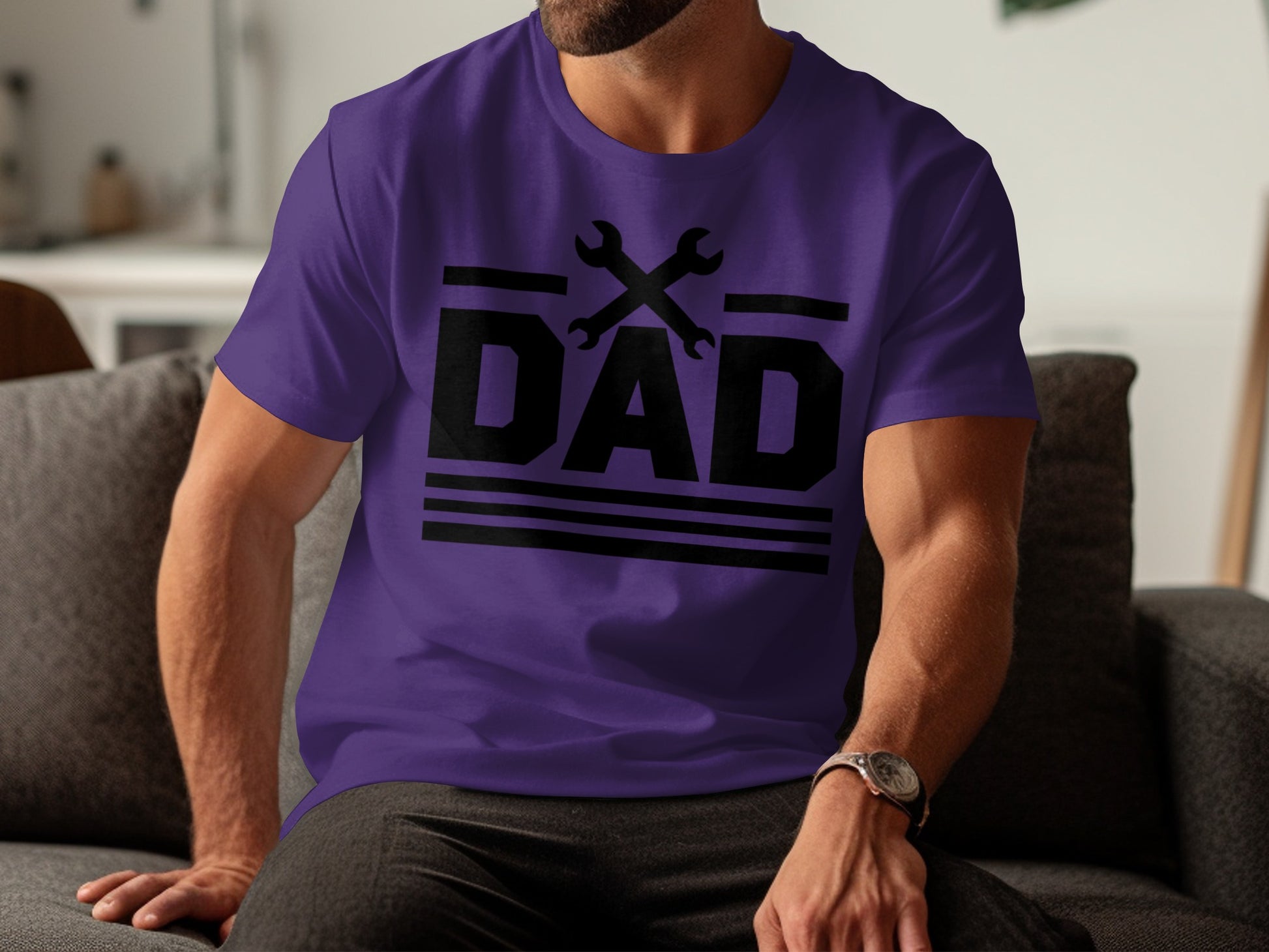 Purple t-shirt with black "DAD" text and crossed wrenches graphic.
